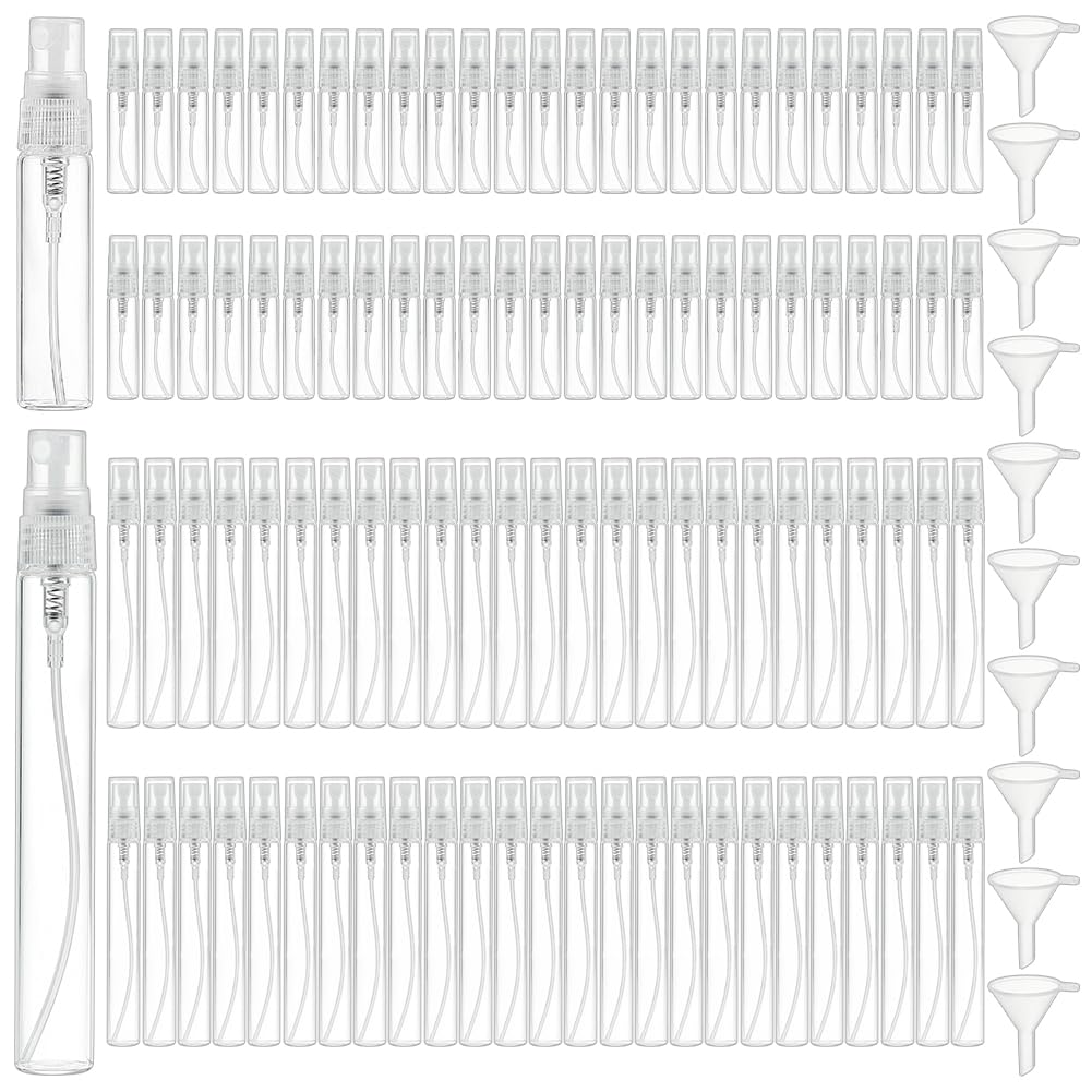 OLYCRAFT 100Pcs 2 Size Mini Spray Bottle Refillable Fine Mist Perfume Atomizer 50Pcs 5ml Clear Glass Perfume Bottles and 50Pcs 1