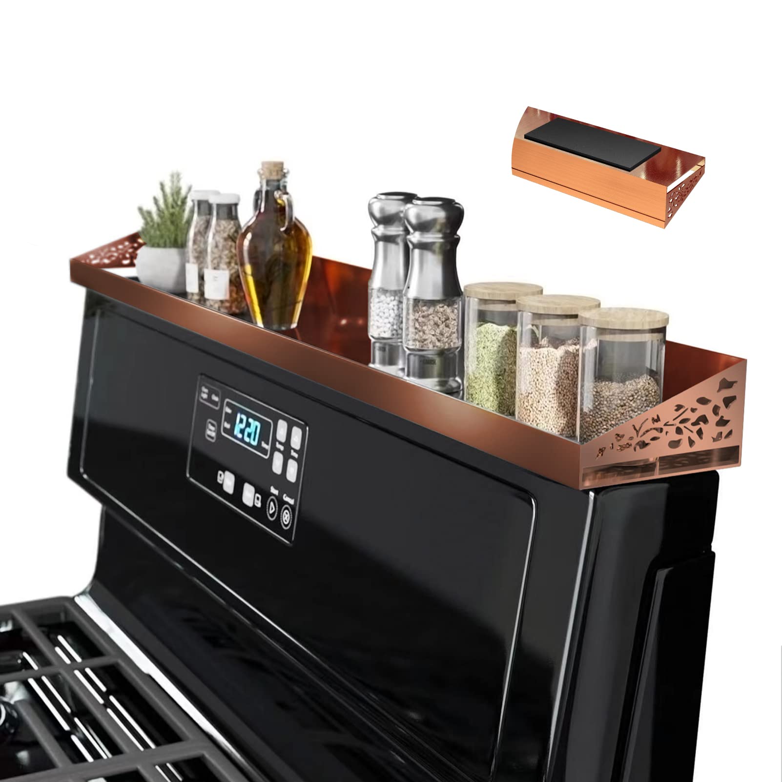 STUTOV 30 Magnetic Stove Top Shelf - Brushed Copper Spice Rack and Seasoning Organizer - Kitchen Shelf for Back of Stove - Over 