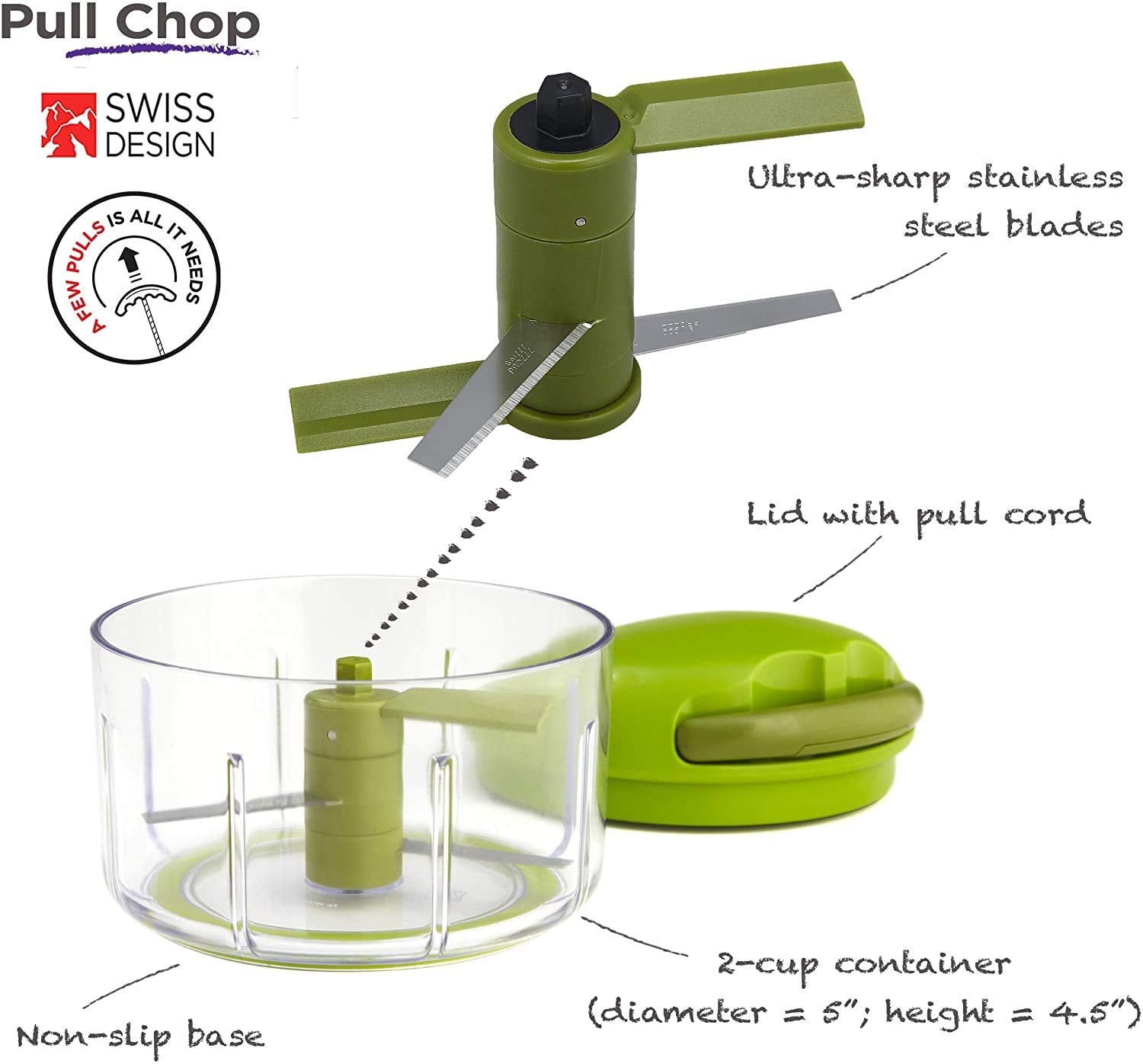 Kuhn Rikon Pull Chop, Vegetable Chopper With Stainless Steel Blades, Food Chopper With Non-Slip Base, Easy To Use Fruit Cutter A