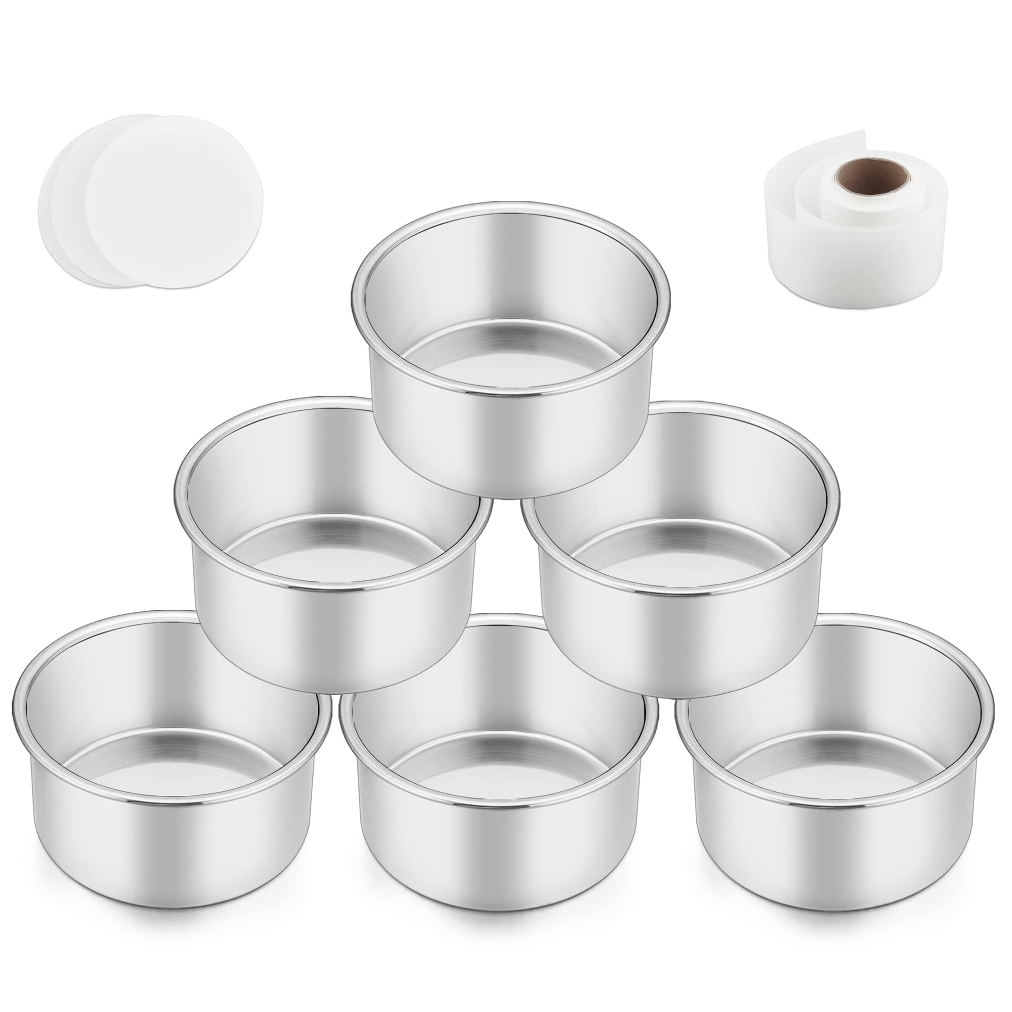 Teamfar 4 Inch Cake Pans, 6 Pcs Stainless Steel Small Round Cake Pan With Side Liner Roll, Non-Toxic & Sturdy, Non-Stick & Heat-