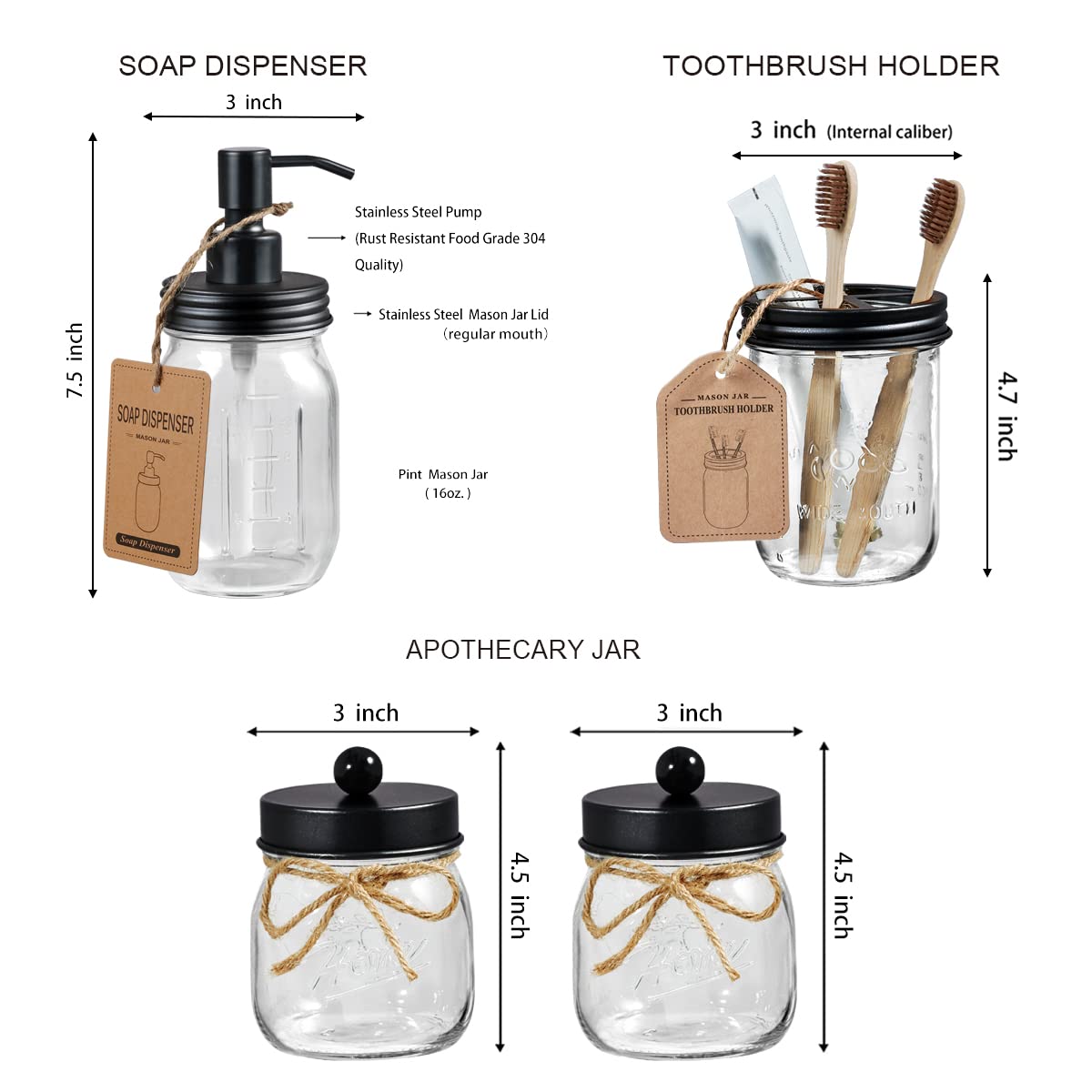 Premium Mason Jar Bathroom Accessories Set (6PCS) - Lotion Soap Dispenser Toothbrush Holder 2 Apothecary Jars(Qtip Holder)  Soap Dish Storage Organizer Basket - Rustic Farmhouse Decor (Black)