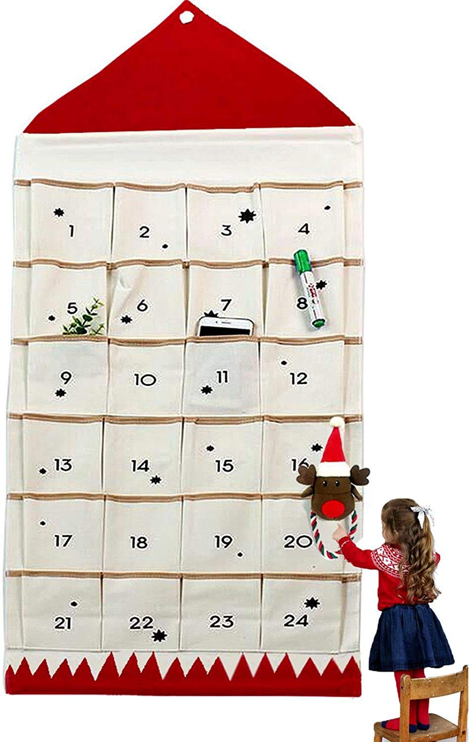 Christmas Advent Calendar with Pockets Wall Hanging Bag for Home Xmas Countdown Decoration (Red)