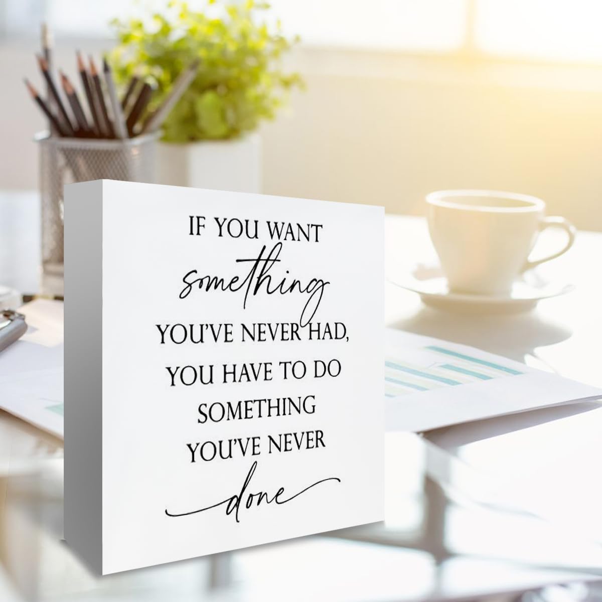 Inspirational Quote about Success Office Decor Sign, Positive Saying Quotes Signs Wooden Block Sign, Home Office Desk Shelf Deco