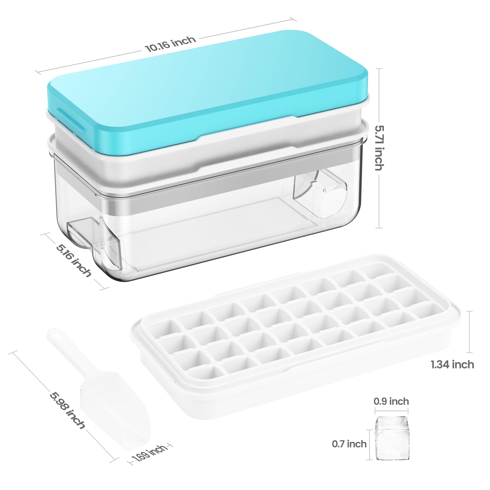 PHINOX Ice Cube Tray with Lid, 64 pcs Molds, 2-Tier Blue Polypropylene, Model CTCJ001, Spill-Resistant with Ice Scoop