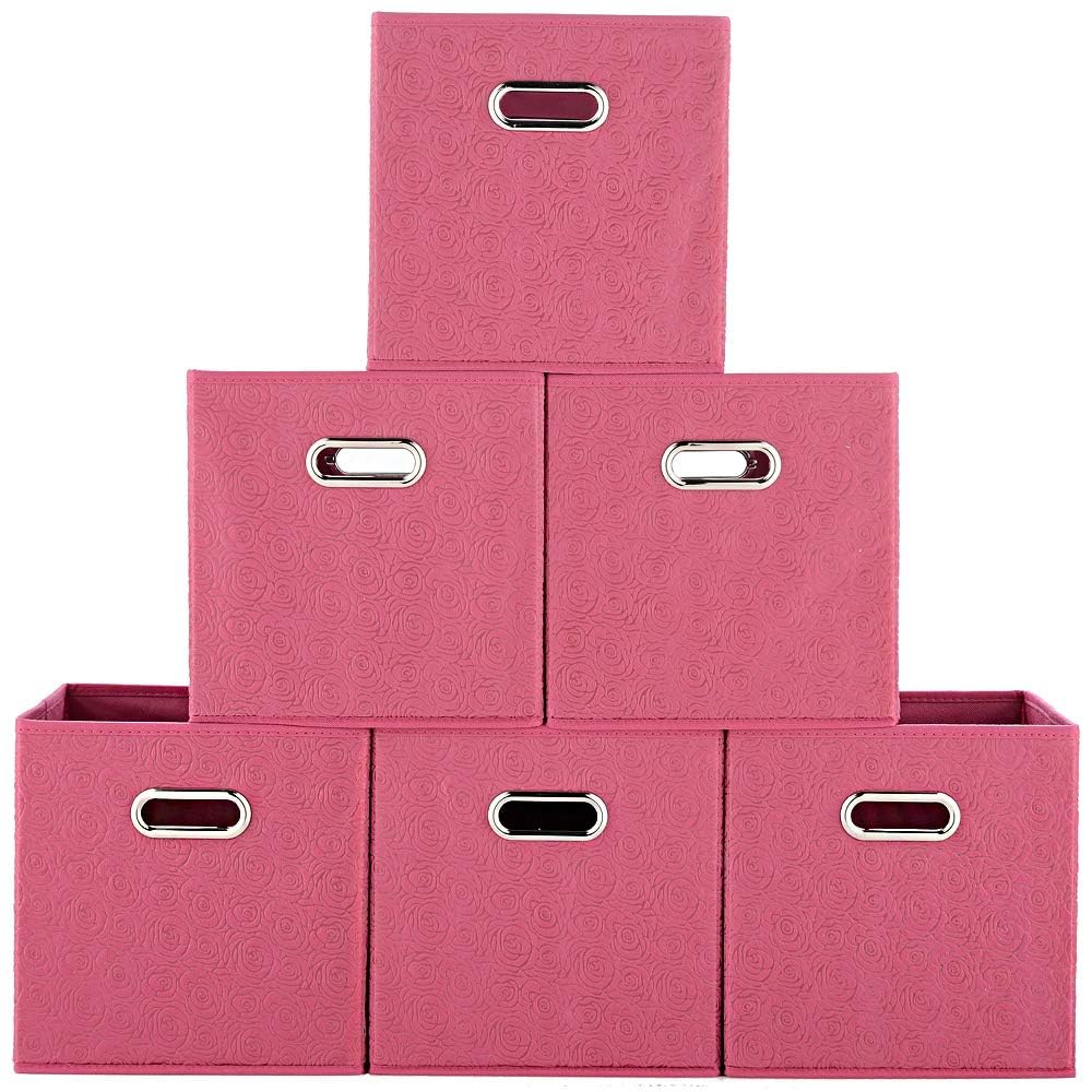 Ikebana Embossed Peach Blossom Pink Foldable Cube Storage Bins 11 Inches, Fabric Storage Bins Drawers Clothes Organizer Collapsi