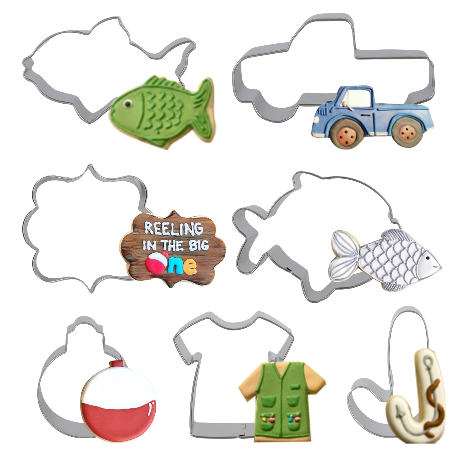 Gone Fishing Cookie Cutter Set With Stainless Steel Sports Jersey, Fish, Candy Cane, Fishing Bobber For Fisherman Fishing Themed