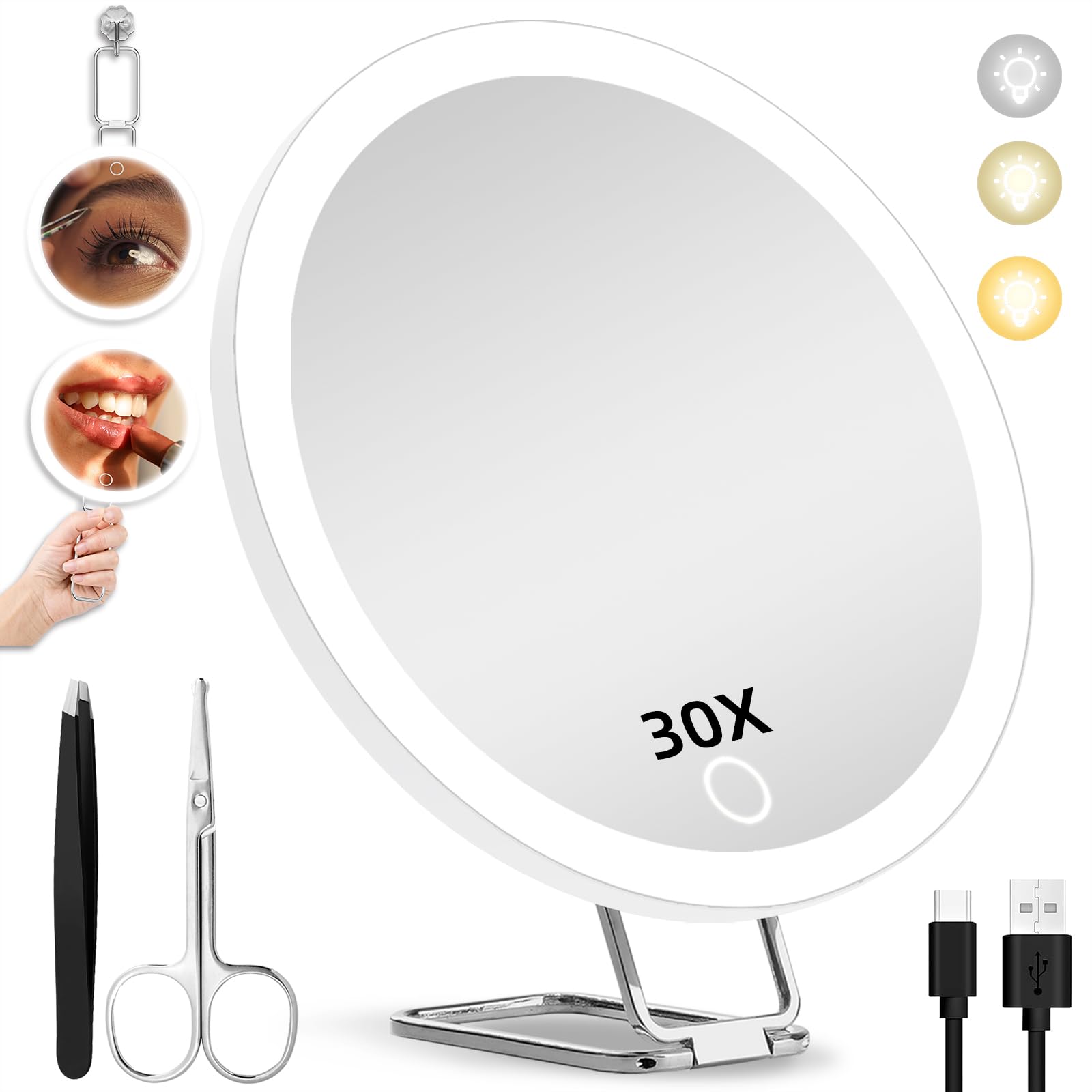 30X Magnifying Mirror With Light, Large 6'' Magnifying Makeup Mirror With Light 30X, Travel Mirror With 30X High Magnification C