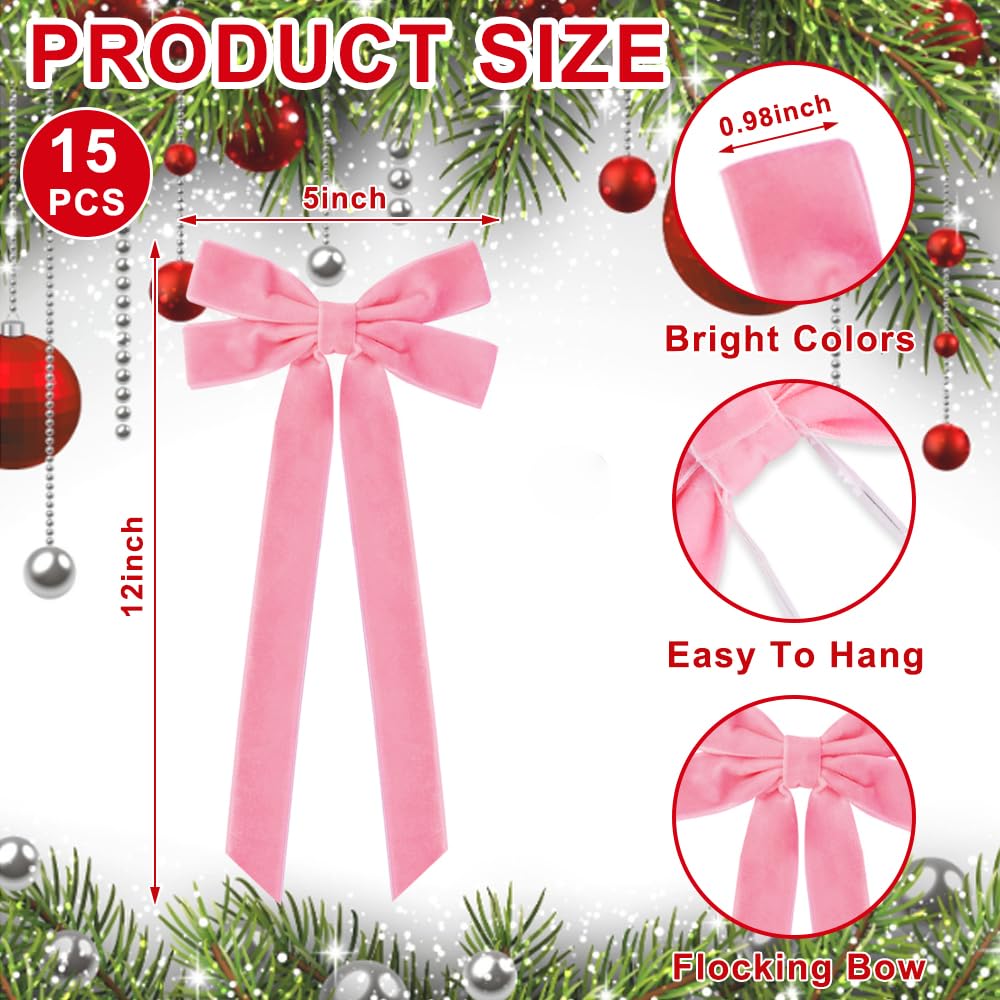 JOICEE 15Pcs Pink Velvet Bows, 5in x 12in Christmas Tree Wreath Bows Rustic Crafts Gift Ribbon Bows for Christmas Decorations In