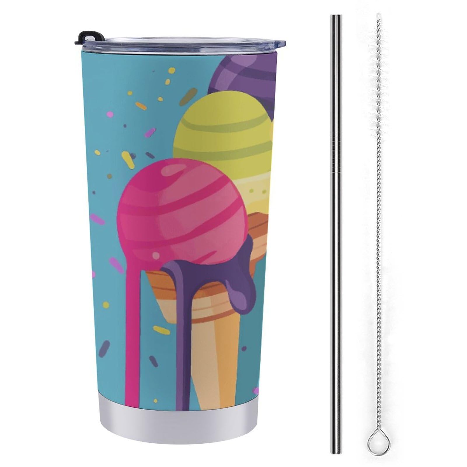 Tumble Stainless Steel Insulated Colorful Ice Cream Printed Travel Mug with Lid Spill Proof Vacuum Insulated Car Tumbler Cup for