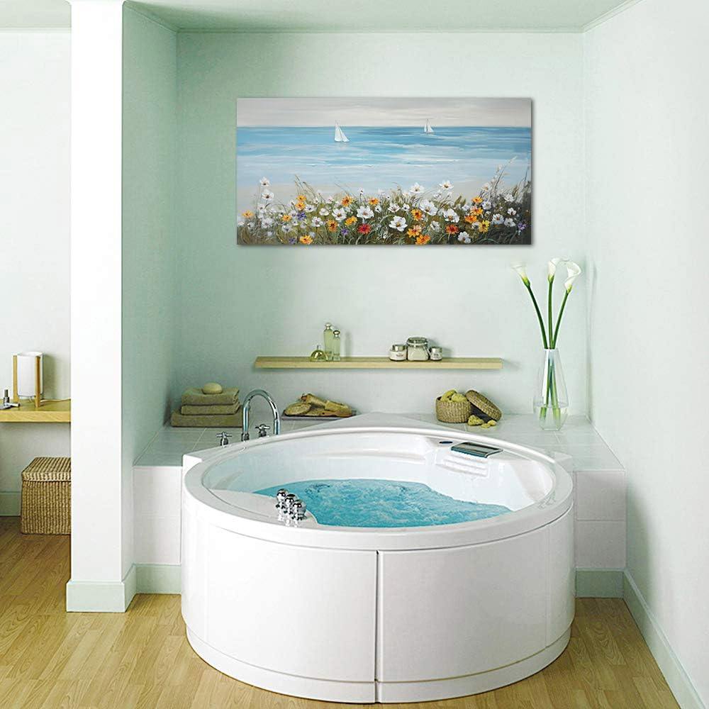 Ardemy Blue Coastal Wall Art Ocean Canvas Flowers Daisy Painting Landscape Sailboat Picture White Yellow Artwork Modern Seascape