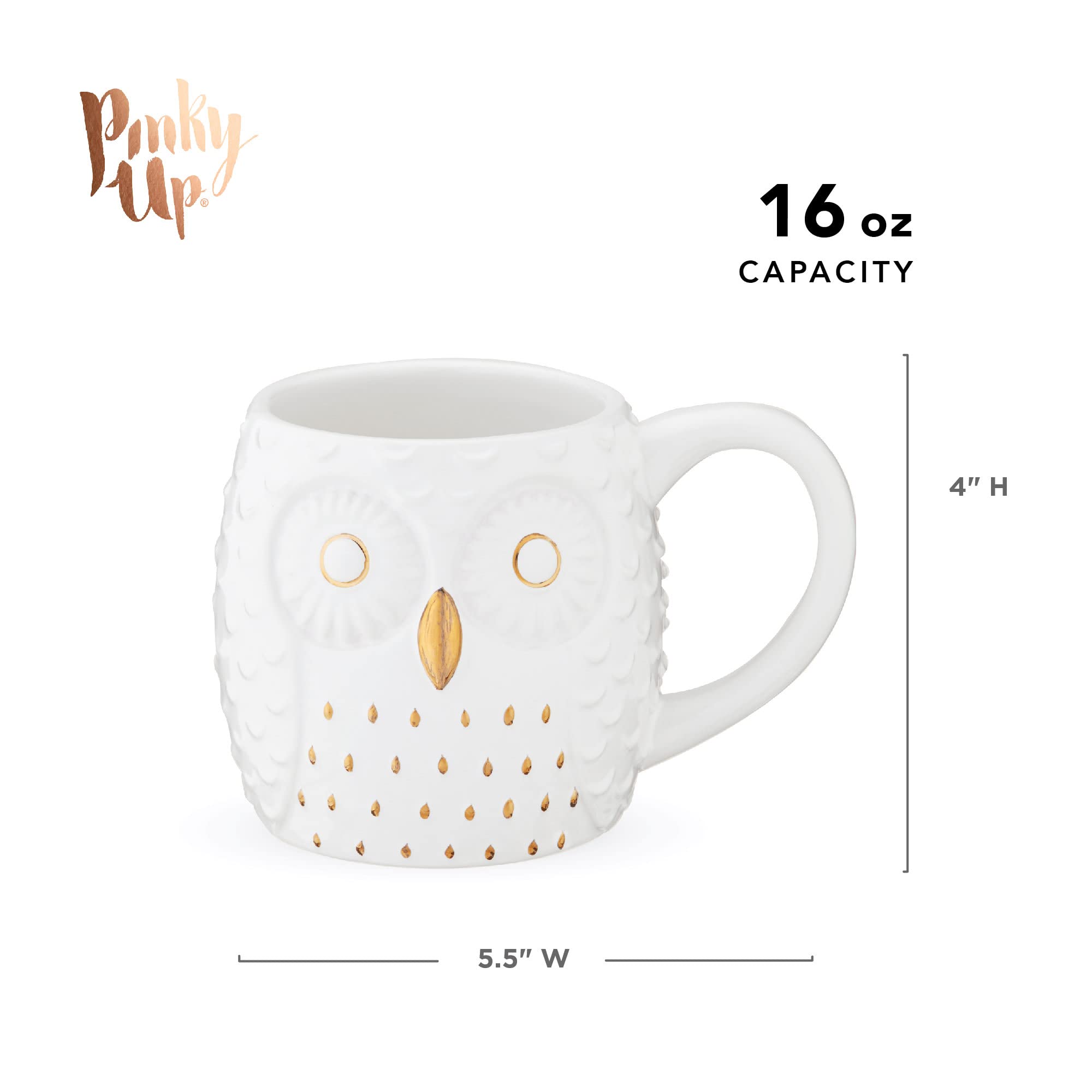 Pinky Up Olivia Owl Mug, Cute Mugs For Women, Tea Tumbler Cup, Tea Accessory Gifts, Owl Design, White And Gold, 16Oz