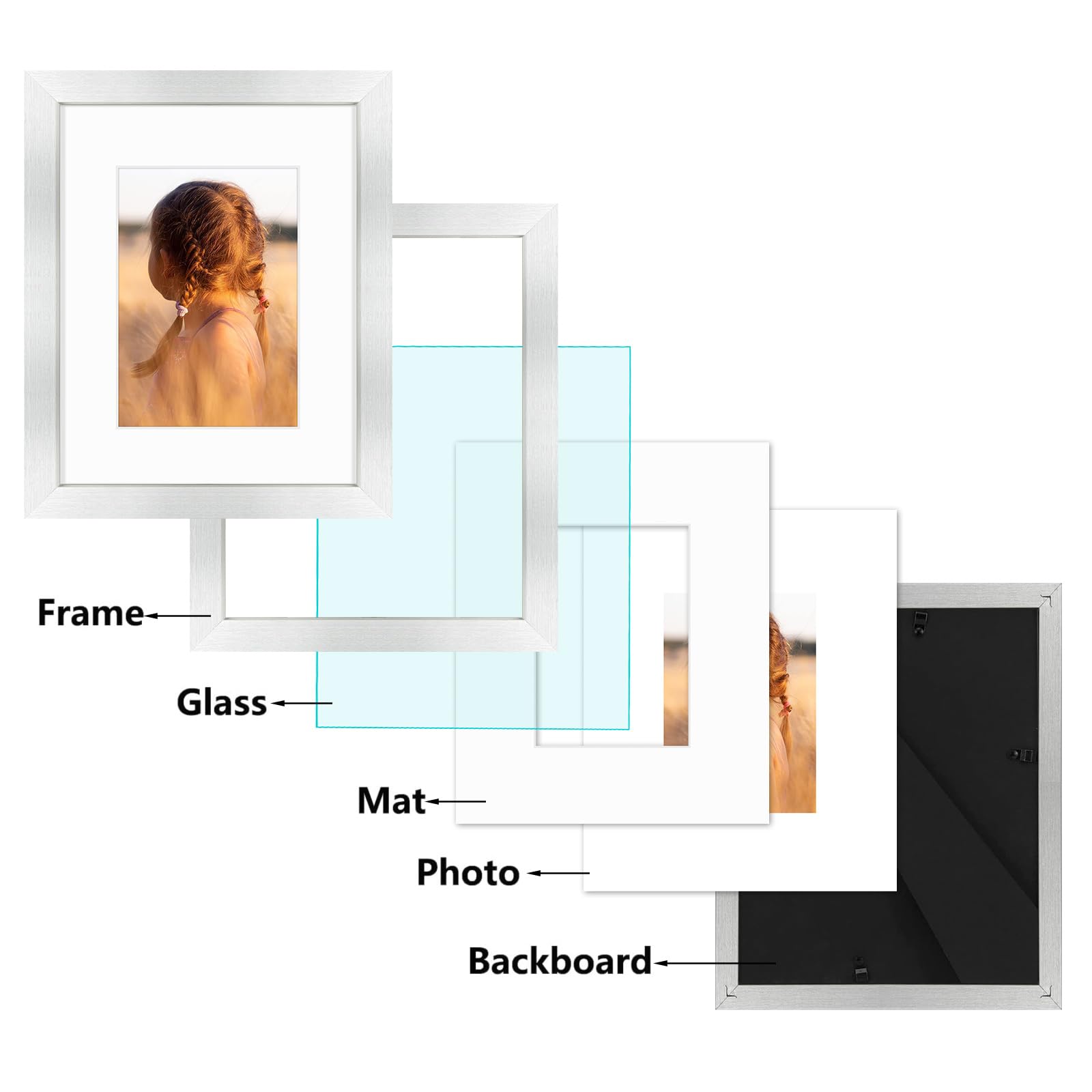 Golden State Art, 8x10 Picture Frame with Mat for 5x7 Photo - High Definition Glass Wall Mounting or Tabletop Display (Silver, 1