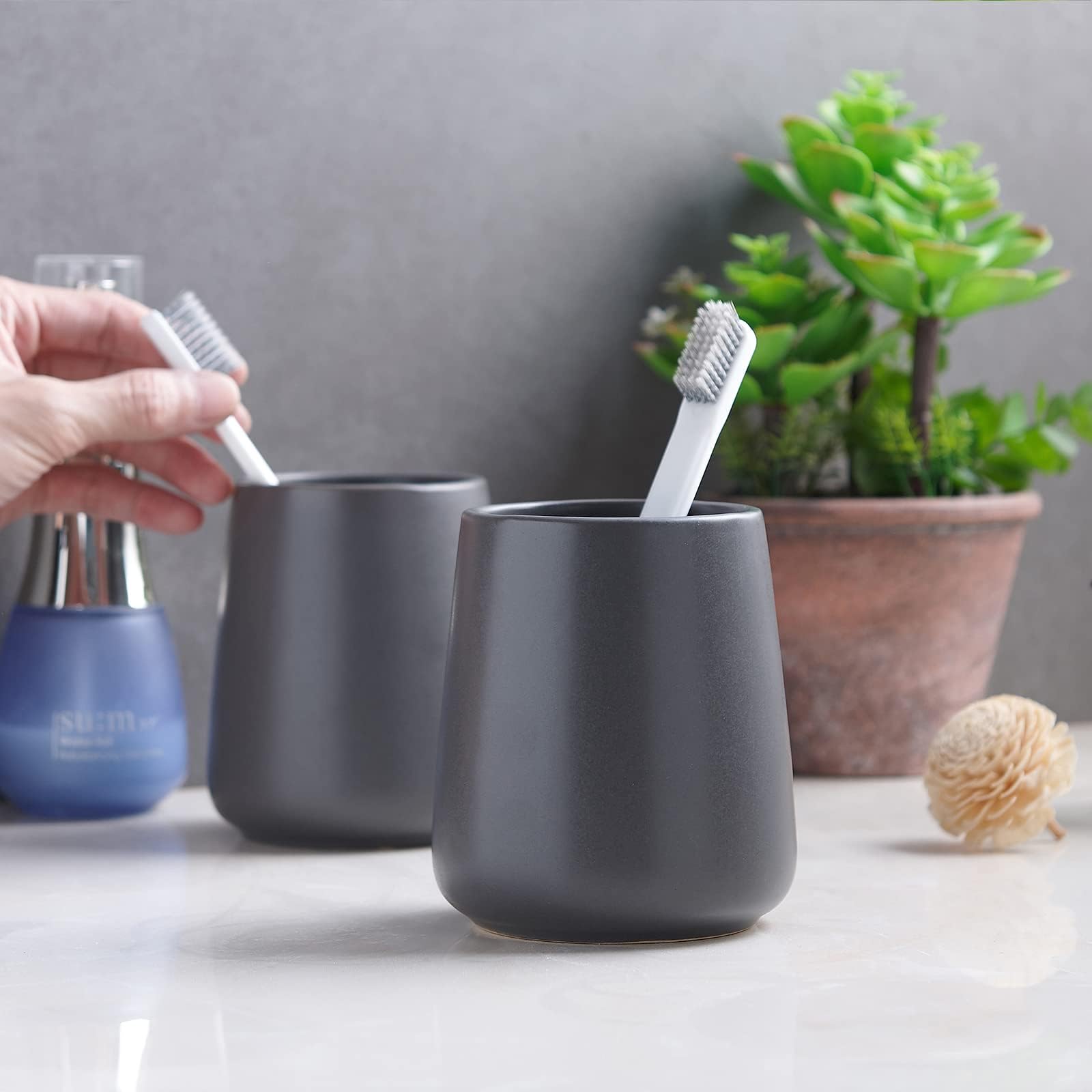 Matte Grey Ceramic Toothbrush Holder - Tooth Brushing Holders, Toothbrush And Toothpaste Holder Organizer For Bathroom Counterto