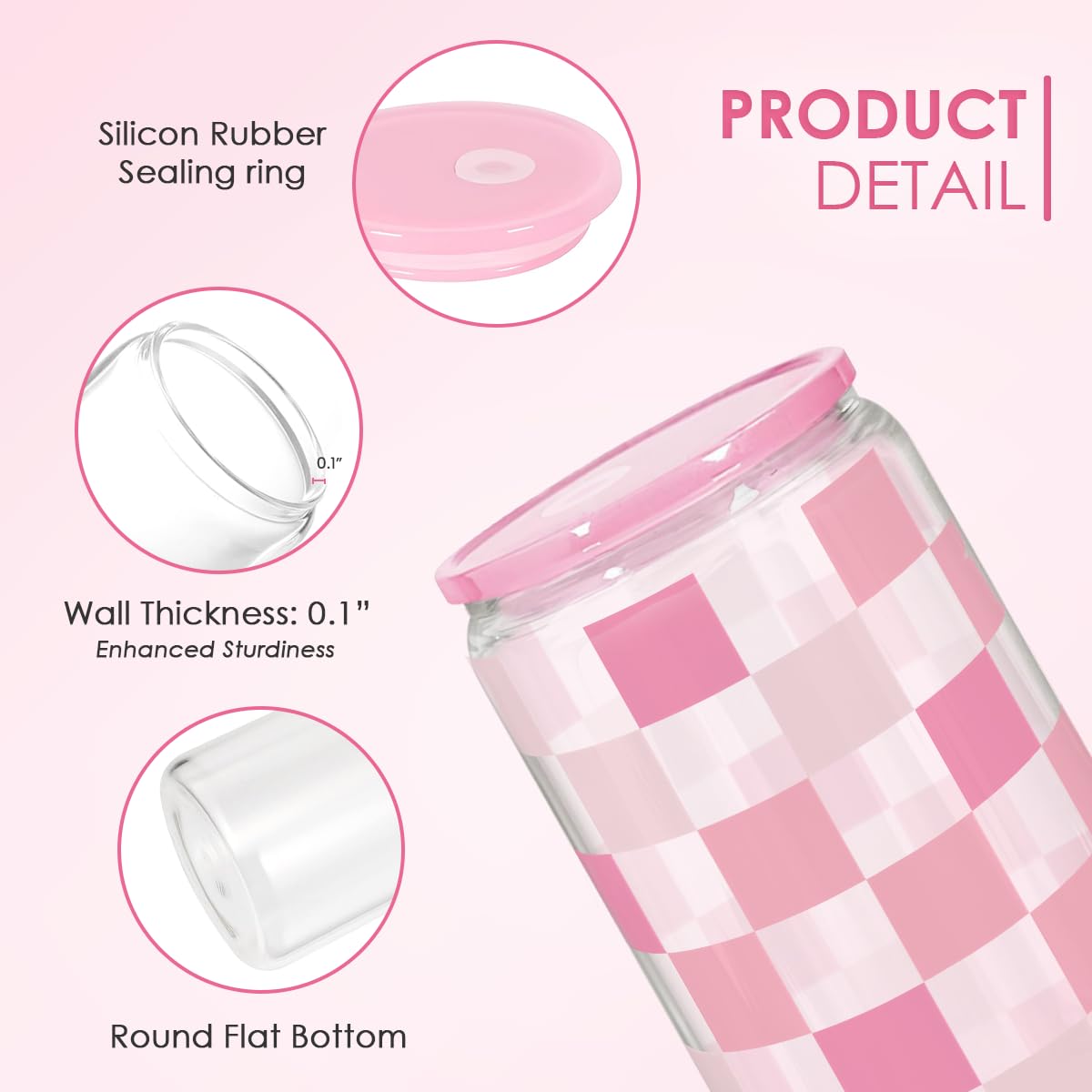 Checker 16 Oz Can Glass Tumbler with Acrylic Lid and Straw - Iced Coffee Cups for Women, Aesthetic Glass Cup Gift for Birthday C