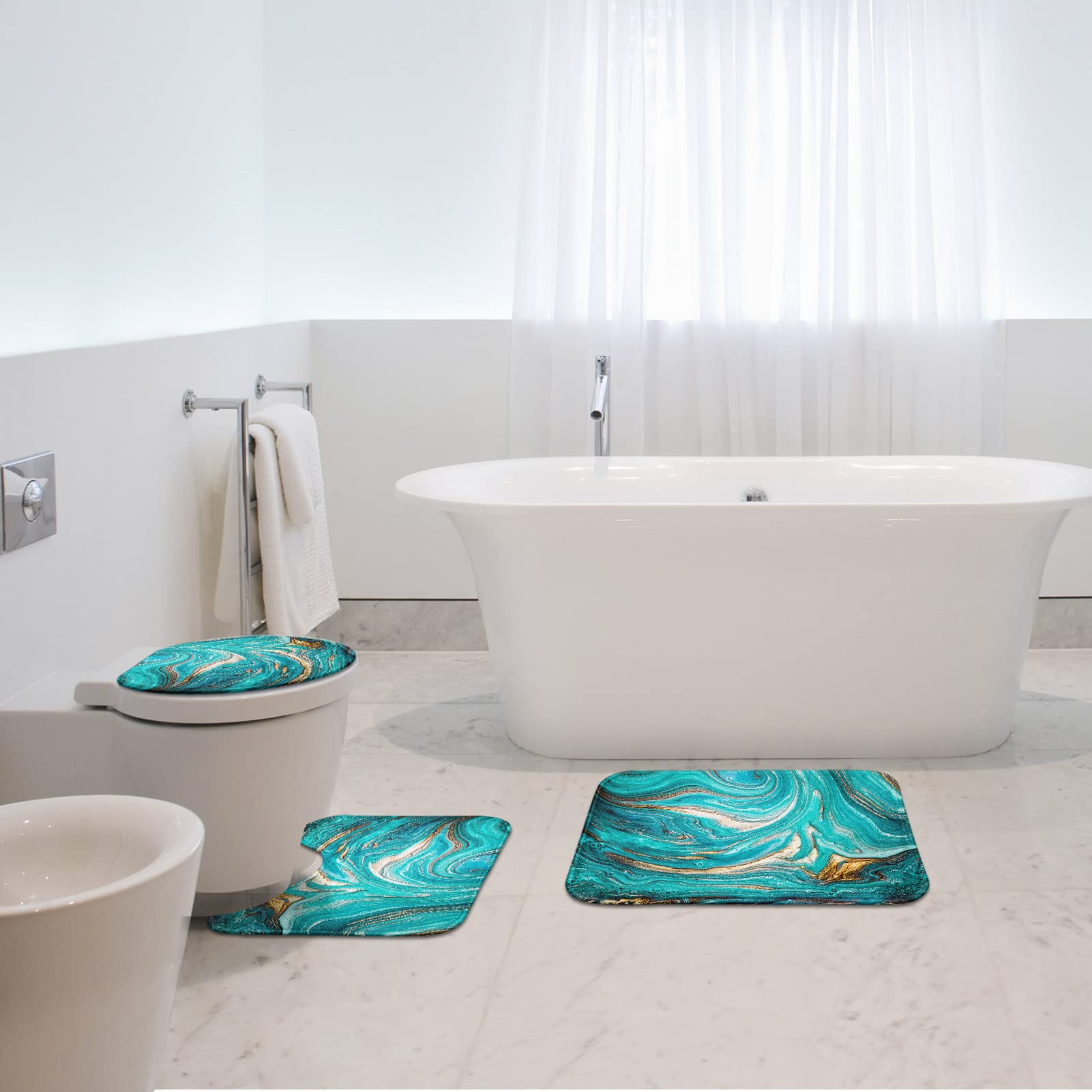 Britimes Turquoise Bathroom Rug Set Of 3, 3 Pieces Teal Bath Mats Set For Bathroom, Green Marble Ripples No Silp Washable Cover