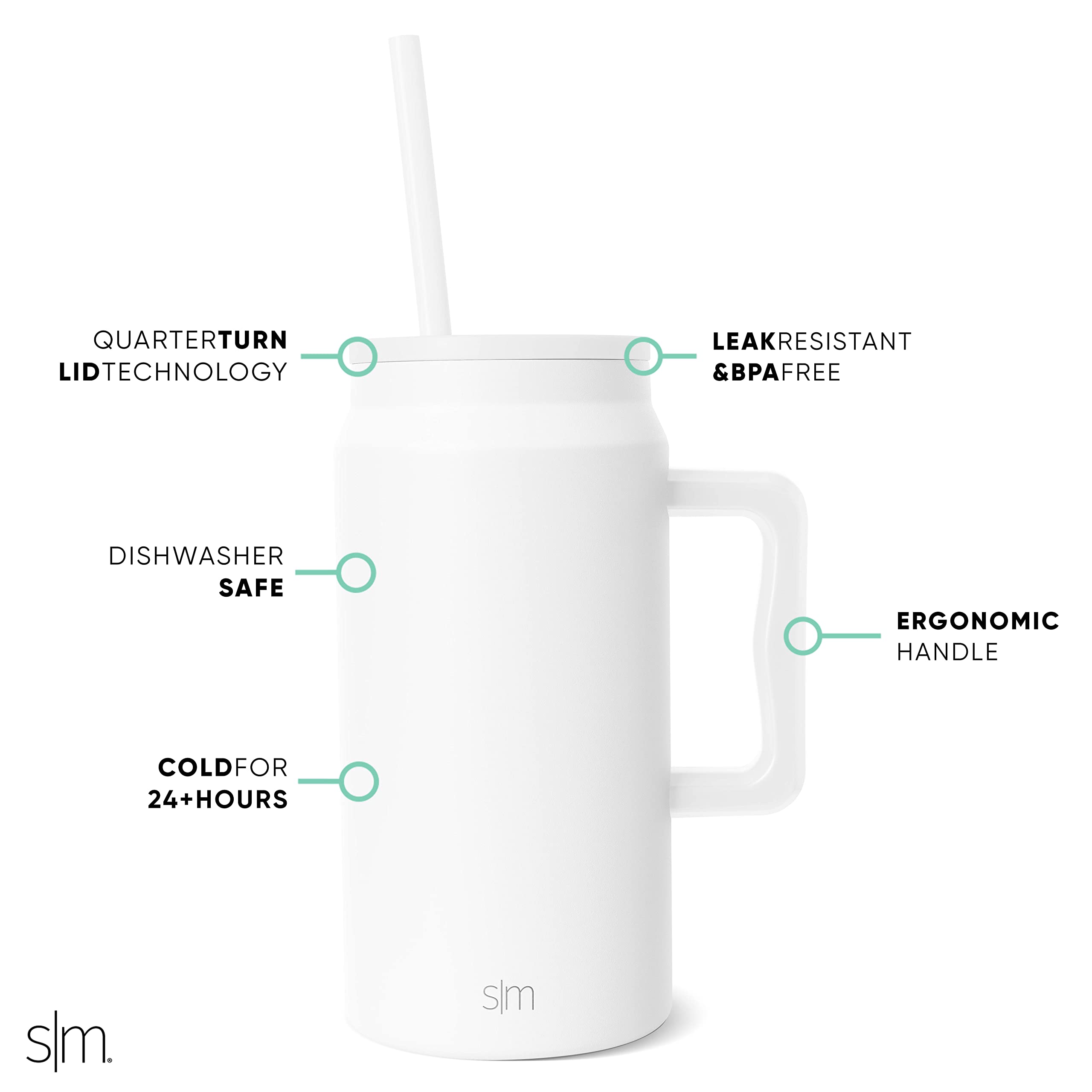 Simple Modern 50 oz Mug Tumbler with Handle and Straw Lid | Reusable Insulated Stainless Steel Large Travel Jug Water Bottle | Gifts for Women Men Him Her | Trek Collection | 50oz | Winter White