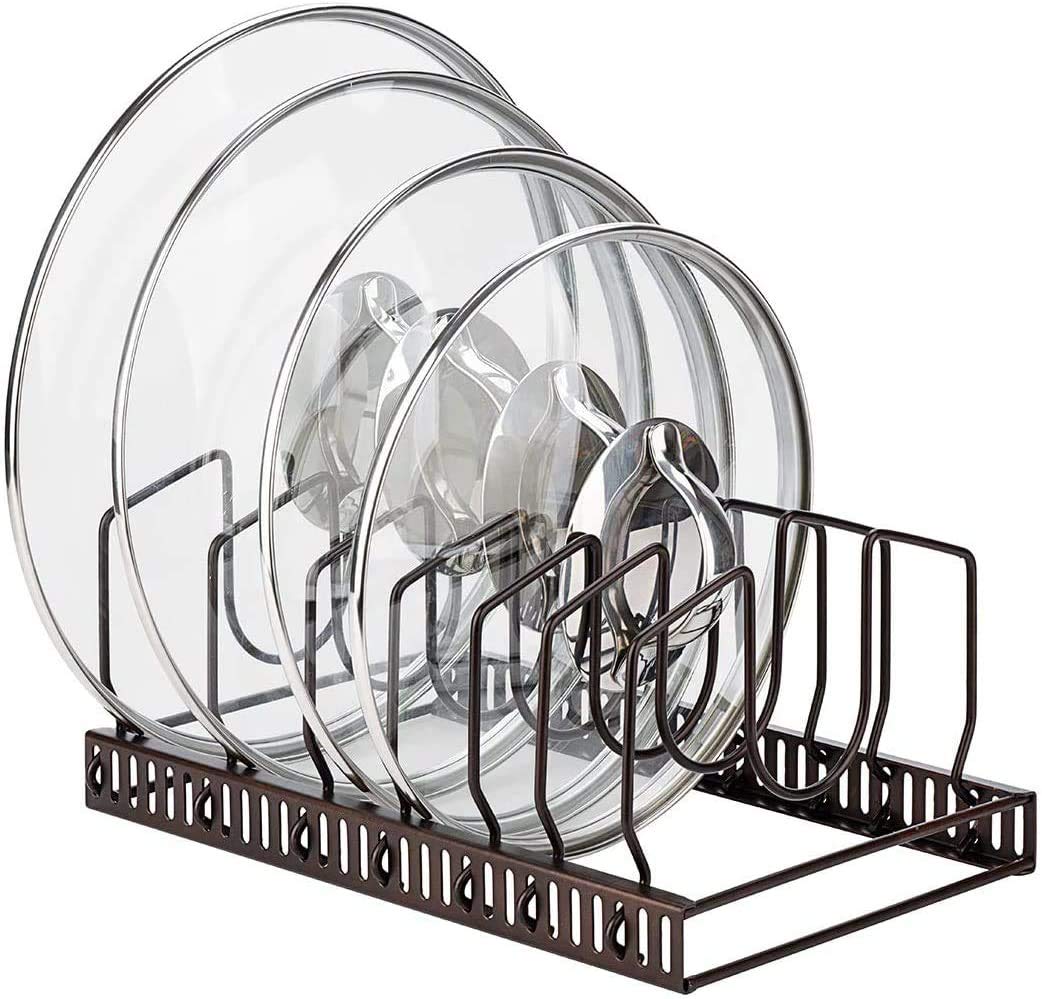 Toplife Pot Lids Organizer Rack for Cabinet and Countertop, 7+ Pan Lids and Bakeware Organizer Rack Holder with 7 Adjustable Com