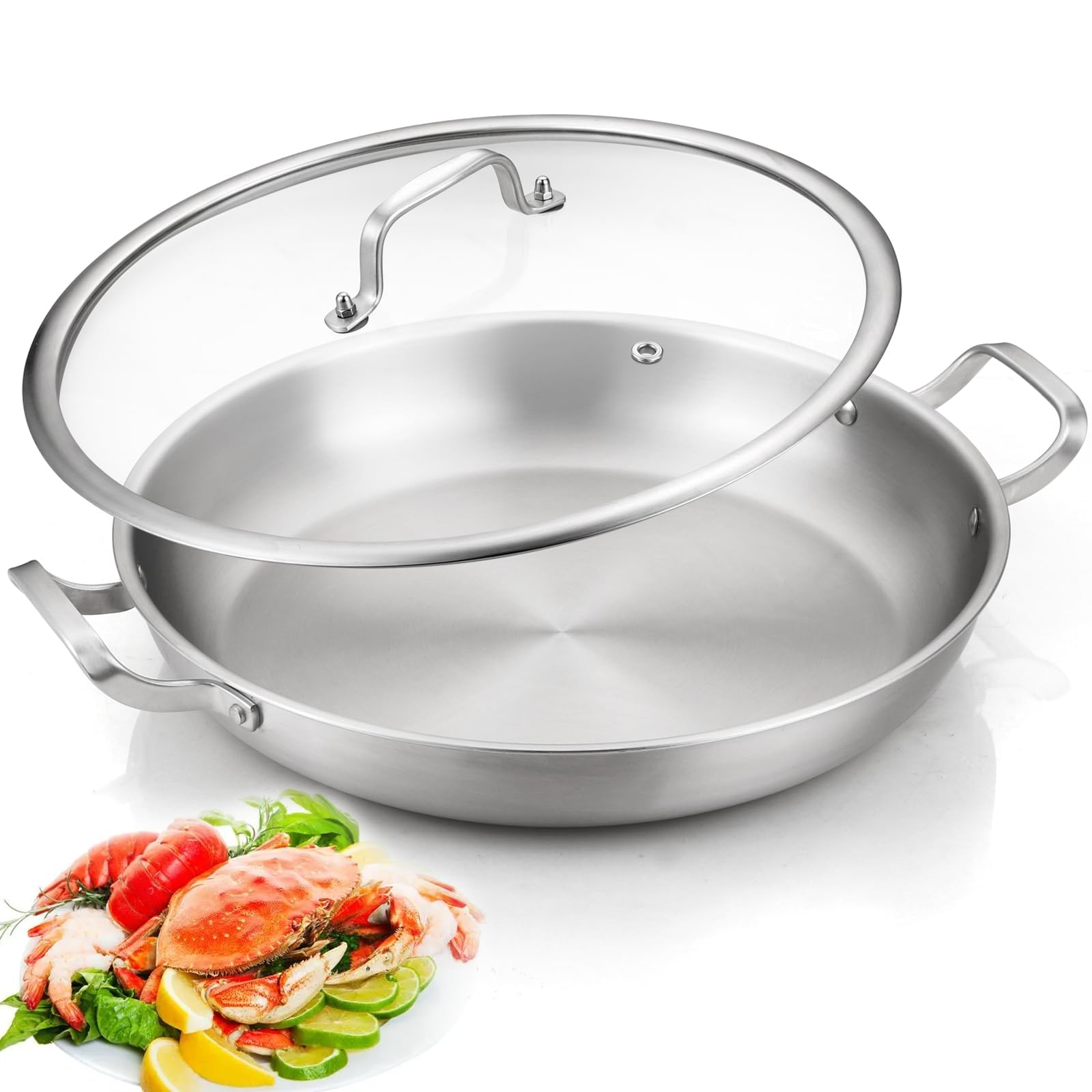 DELARLO Paella Pan 14 Inch Tri-Ply Stainless Steel Paella Pan with Lid, Jumbo Frying Pan, kitchen Induction Large Skillets,Great