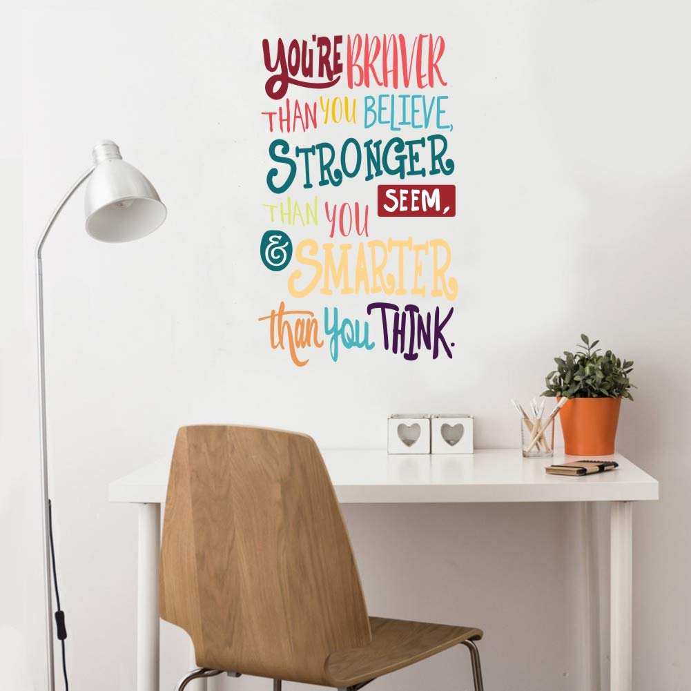 Colorful Inspirational Quote Wall Decal-You?re Braver Than You Believe Stronger Than You Seem Smarter Than You Think  Positive Quote Sticker for Kids Room Nursery Classroom Decor