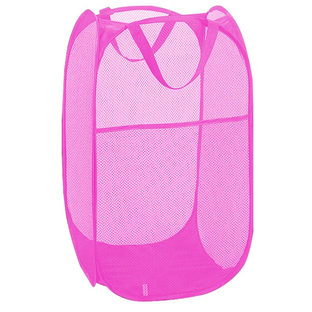 Larpur Popup Laundry Basket, Collapsible Portable Mesh Clothes Washing Laundry Hamper With Reinforced Carry Handles (Pink)