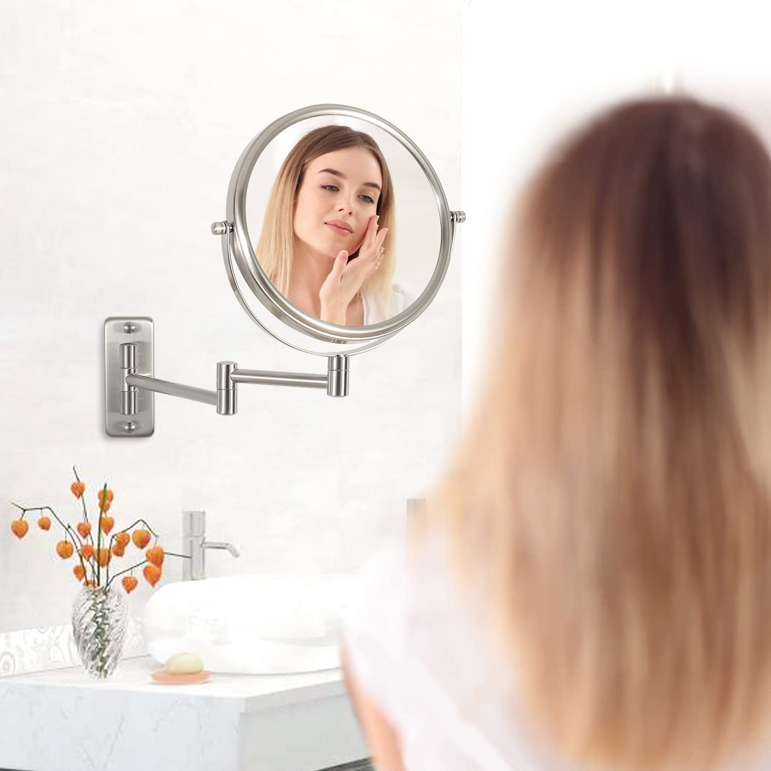 Erlingeryi 8'' Wall Mounted Makeup Mirror 1X/ 10x Magnifying Mirror Double Sided Vanity Makeup Mirror for Bathroom Nickel Brush Finish