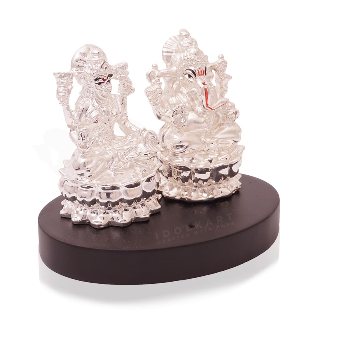 Idolkart 999 Silver Plated Ganesh Lakshmi Murti On A Wooden Base | Small Size (3 Inch) | Ganesh Laxmi Idol For Diwali Puja, Gift