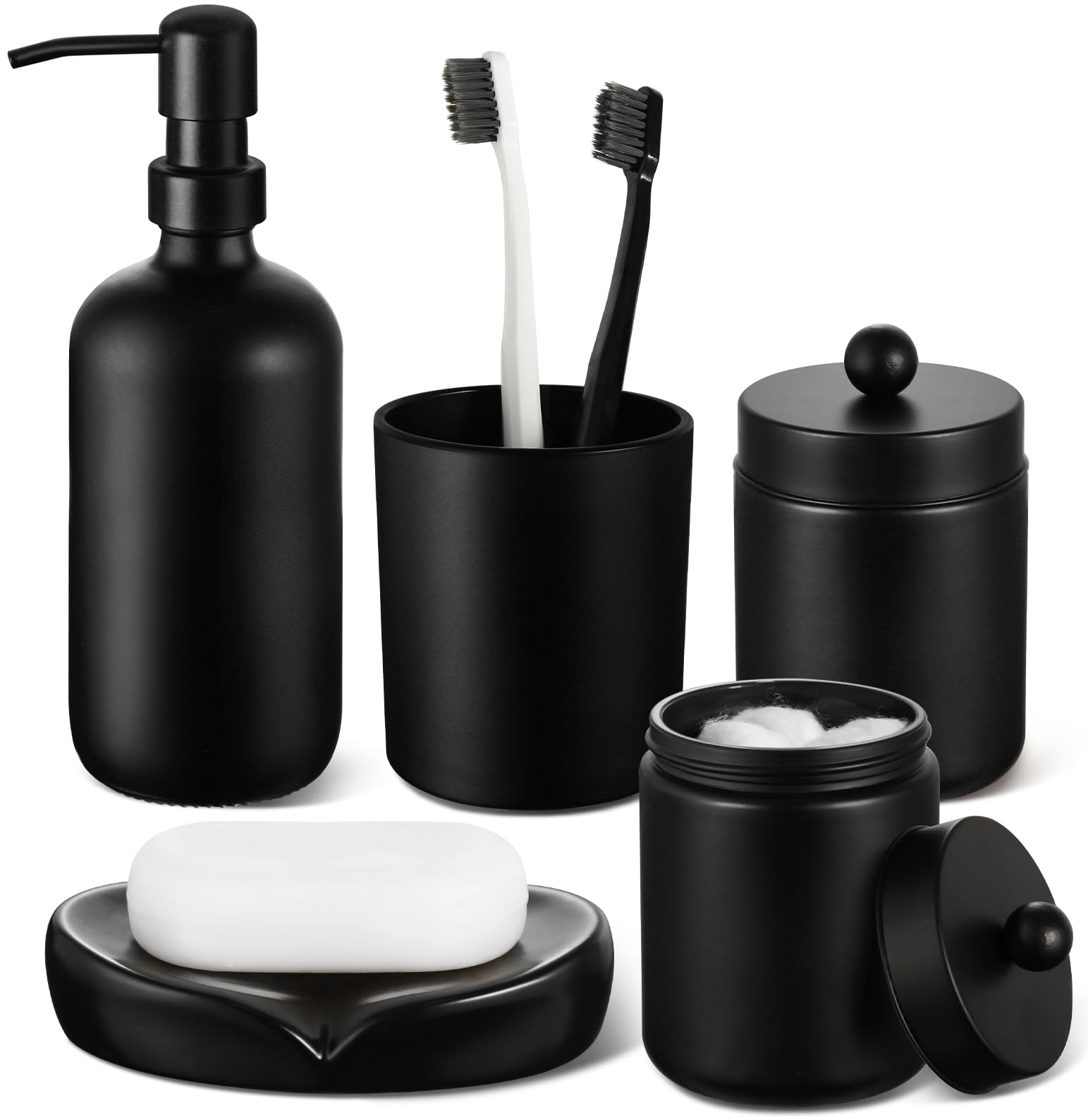 Gmisun Black Bathroom Accessories Set, 5 Pack Matte Black Glass Bath Accessory Decor Sets Complete, Soap Dispenser And Toothbrus