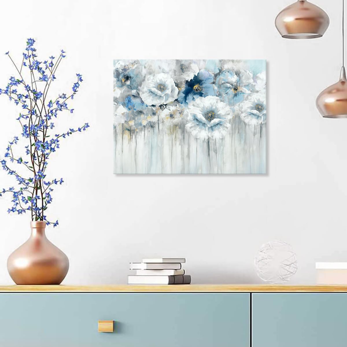 Woxfcart Bathroom Wall Art Abstract Flowers - White Floral Painting Artwork On Canvas With Gold Pictures For Blue Gray Bedroom D