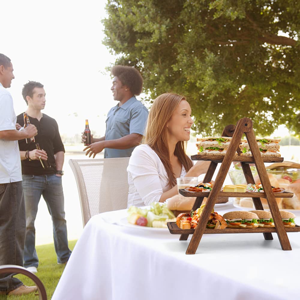 Manspdier Wood 3 Tier Serving Tray Three Tiered Cupcake Stand, Rectangle Serving Platter Wooden Farmhouse, Party Serving Brown D