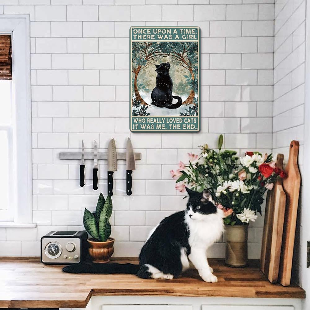 Black Cat Decor Cat Signs Gifts for Cat Lovers Metal Tin Sign- Once Upon a Time There was a Girl Who Loved Cat - 12x8 Inches Vintage Decor Cat Signs Home Decor Black Cat Gifts  Cat Decor Cat Poster for Bedroom  Garden  Livingroom  Cat Lover Gifts