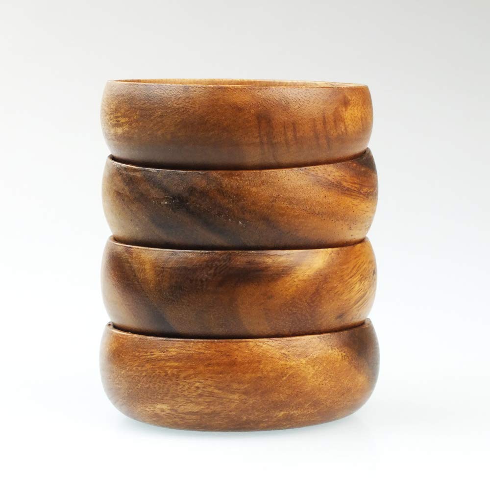Acacia Handmade Wood Carved Plates - Set Of 4 Calabash Bowls Size 4'' (Round)