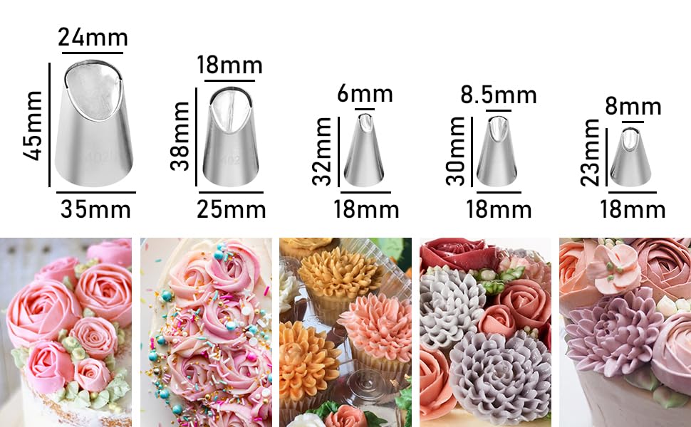 Dr.Pedi 5 Pieces Rose Flower Piping Tips Set Cake Decorating Tips Icing Piping Nozzles Set Cupcake Decorating Kit Cupcake Pastry