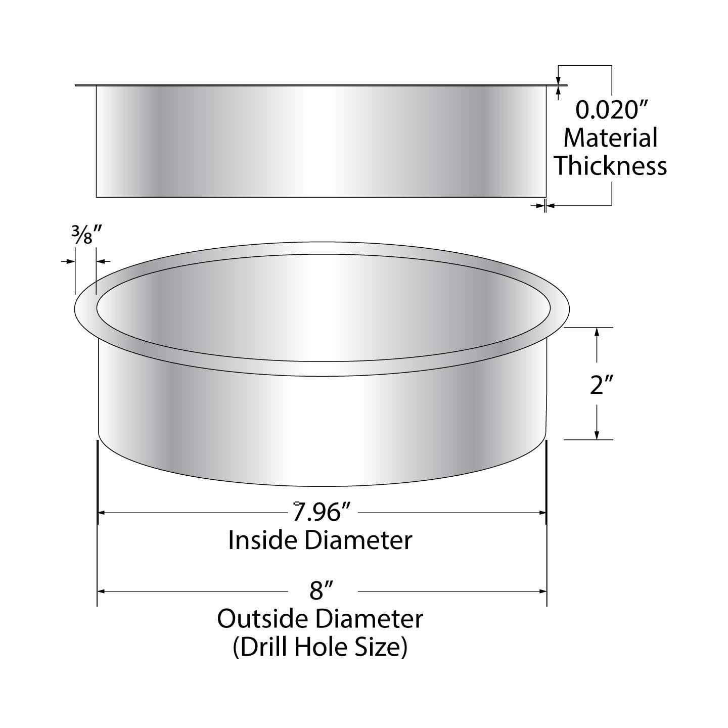 Outwater 8'' (Nominal) Diameter X 2'' Height 304 Polished Stainless Steel Trash Grommets For Countertop Inserted Trash Chutes