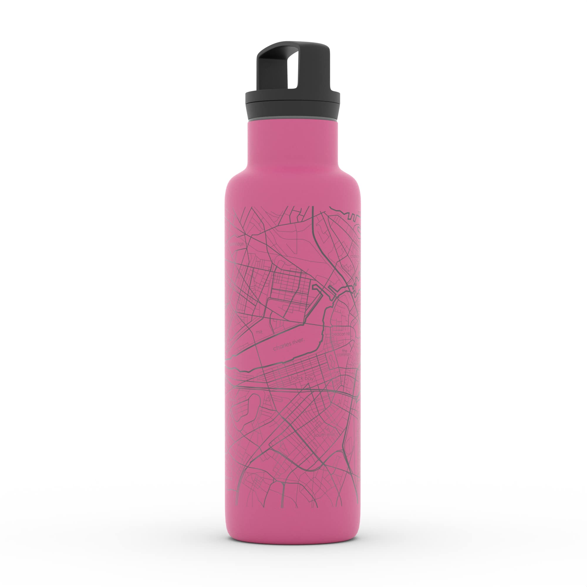 Well Told Engraved Boston Massachusetts Map Insulated Water Bottle, Etched Stainless Steel Bottle (21 Oz, Sunset Pink) City Map