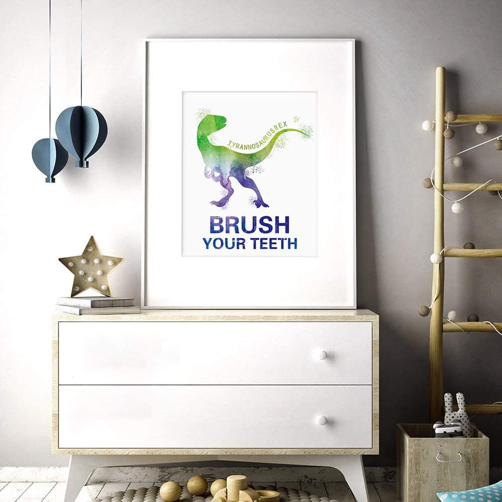 Mimeile Bathroom Wall Cute Dinosaur Art Prints Set Of 4 (8   X10   ), Watercolor Animal Art Posters Quotes Wash Flush Brush Bath