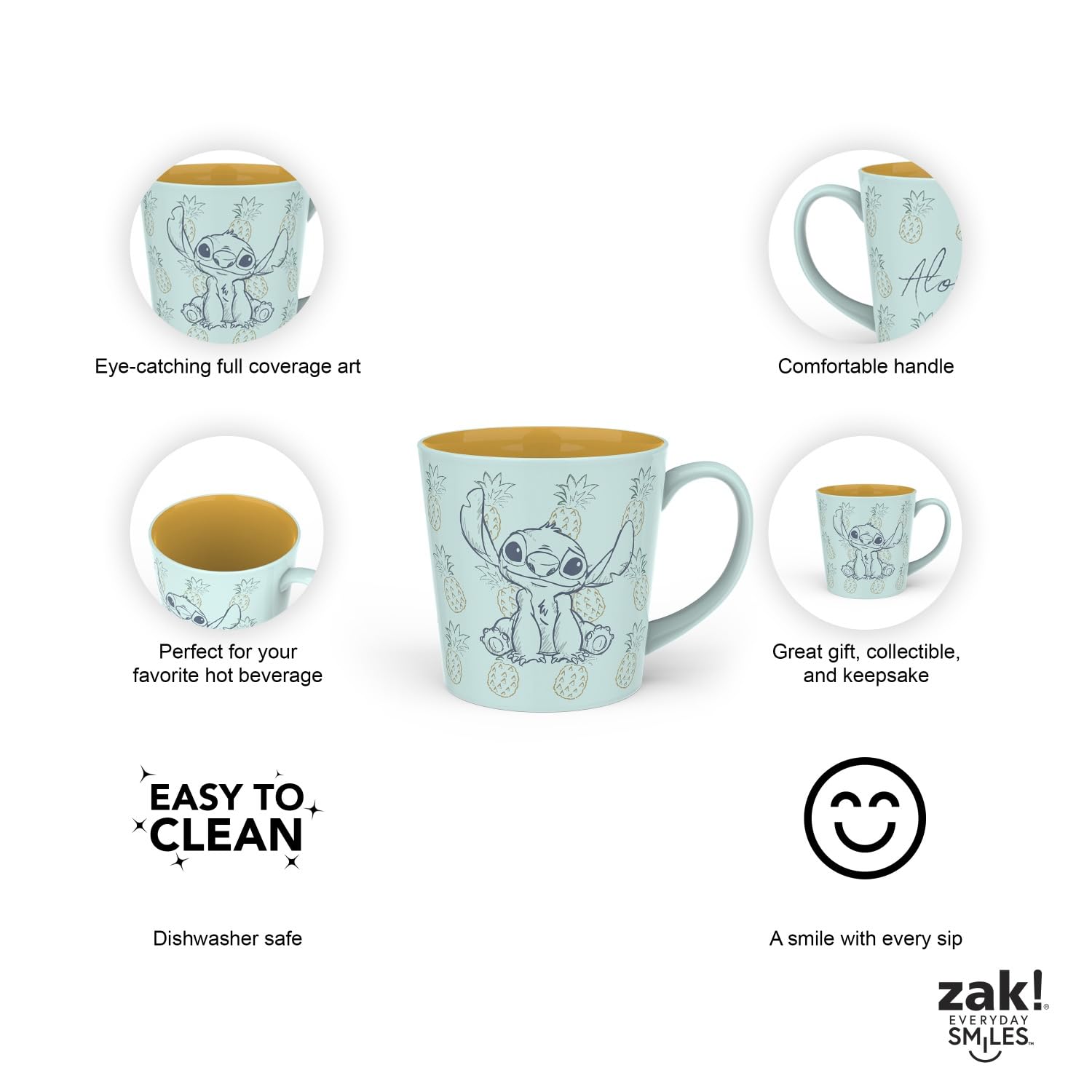 Zak Designs Disney Ceramic Coffee Mug For Hot Drinks At Home, Collectible Keepsake (15 Oz, Stitch)