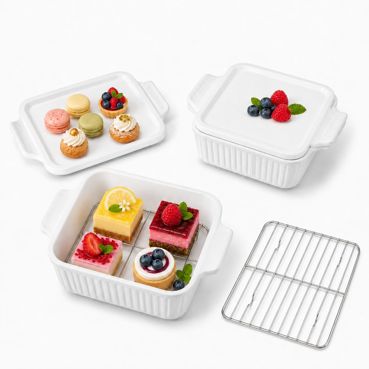 7Inch Square Ceramic Baking Dish Set with Lids and Racks, 2 Pack