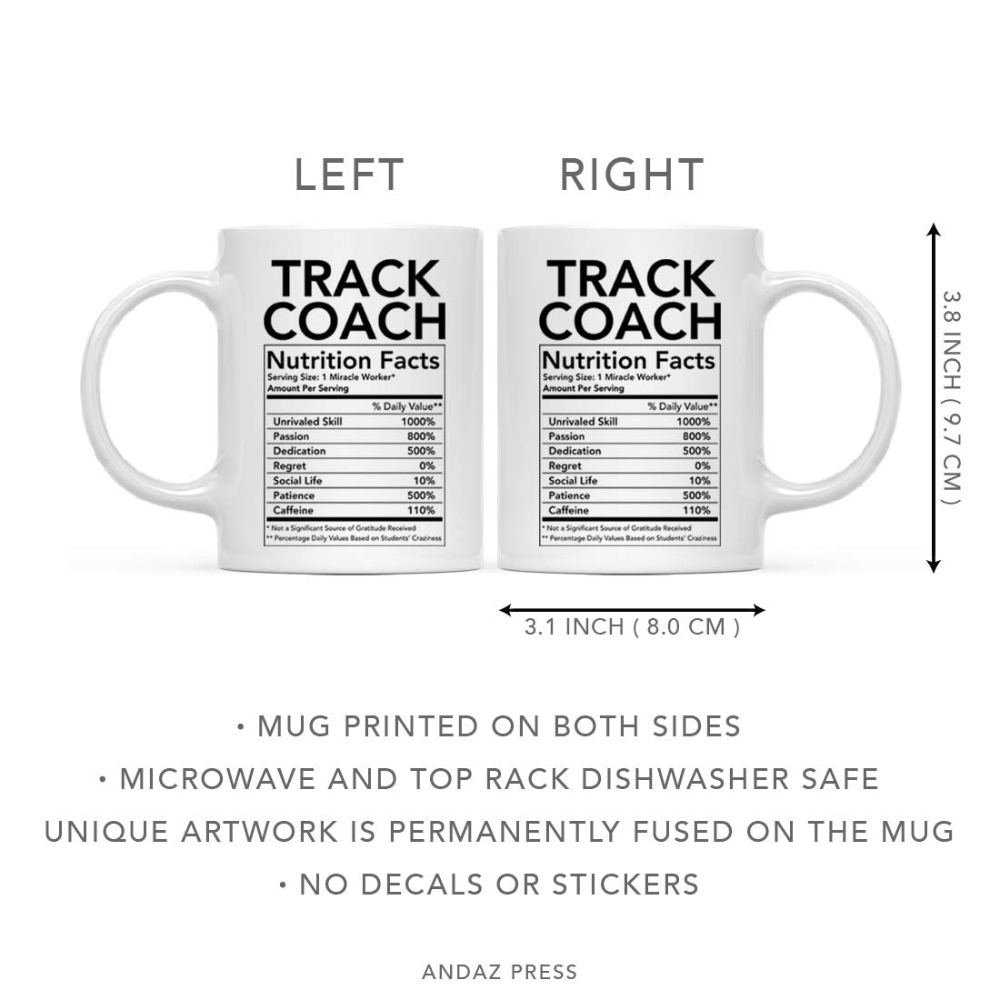 Andaz Press Funny 11Oz. Ceramic Coffee Tea Mug Thank You Gift, Track Coach Nutritional Facts, 1-Pack, Novelty Gag Birthday Chris