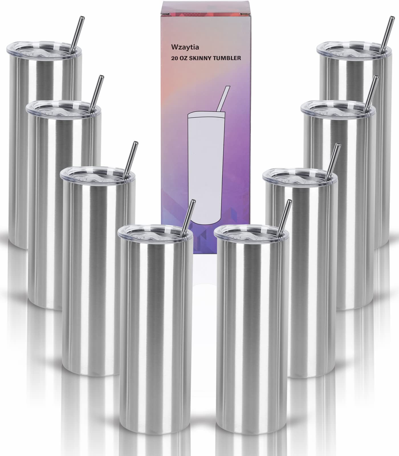 Wzaytia 8 Pack 20 Oz Straight Skinny Tumblers, Individually Gift Boxed Stainless Steel Slim Skinny Tumbler Set Bulk, 20 Oz Insul