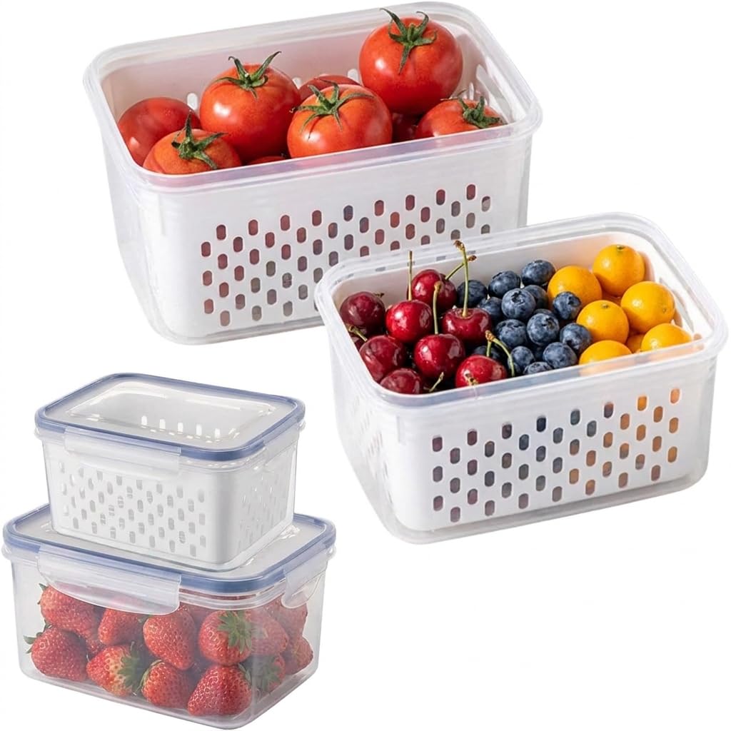 Trasylph 2 Pack Fruit Storage Containers for Fridge with Removable Colanders, Dishwasher & Microwave safe Produce Storage Contai