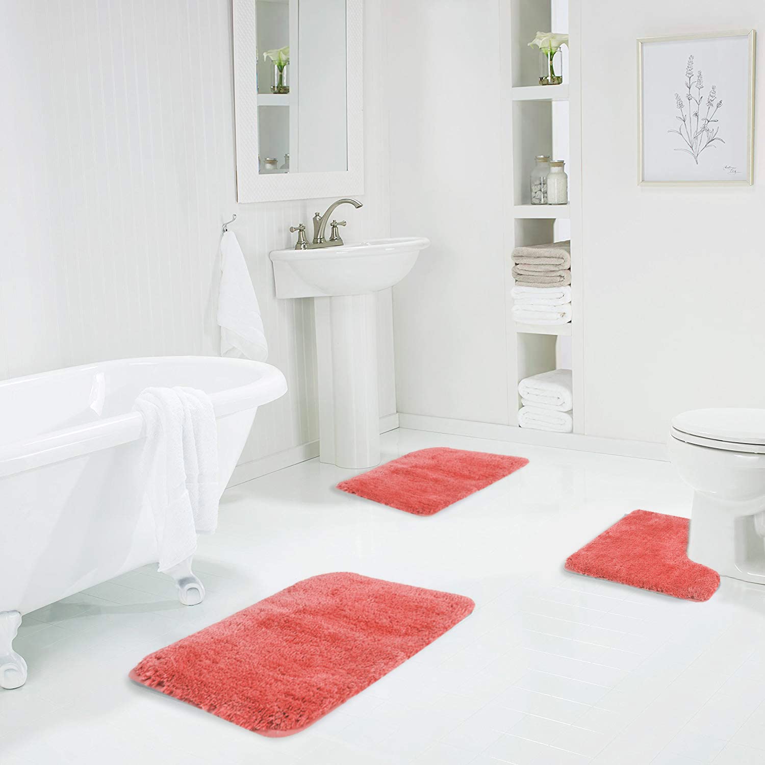 Walensee Shaggy 2 Piece Bath Rug Sets (Living Coral) 20 X 24 U Shape Contour Rug & 20 X 32 Bathroom Rug Machine Wash/Dry Bath Ma
