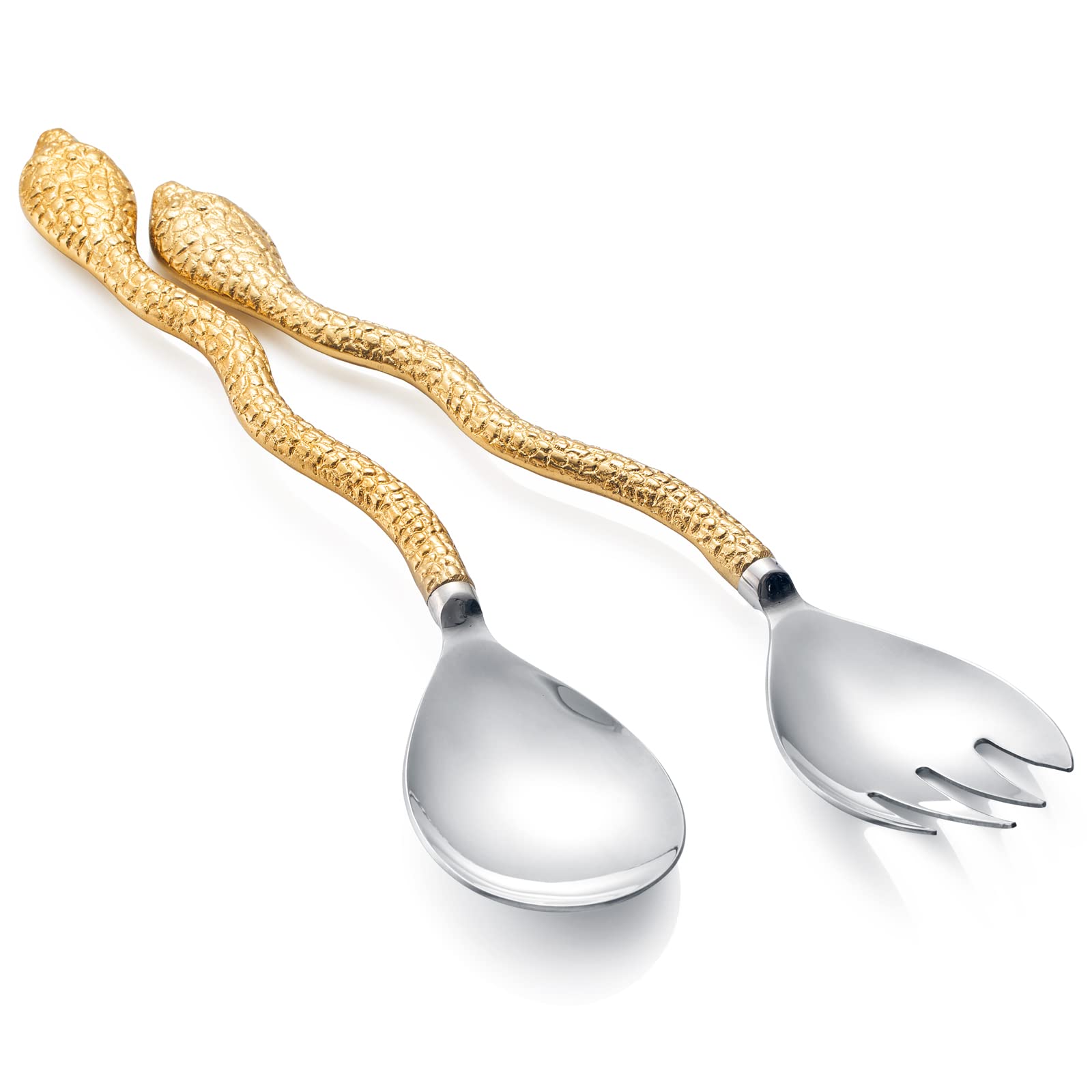 Gold Serpent Snake Salad Servers Brass & Stainless Steel, Fork & Spoon Set Snake Design Set, Two Tone Ideal For Weddings, Dinner