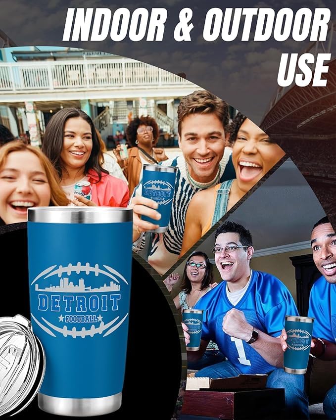 Football Fan 20 Oz Insulated Travel Coffee Cup Mug Tumbler with Lid Detroit Themed Merch Shop Men Women Sport Stuff Gear Apparel