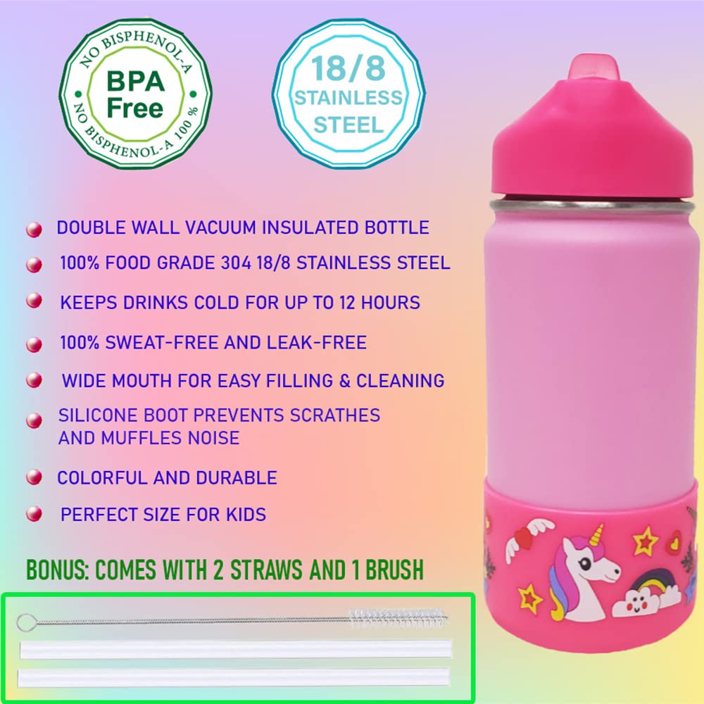 12 Oz Kids Stainless Steel Unicorn Pink Water Bottle With 2 Pack Straws And 1 Stainless Brush - Eco-Friendly - Bpa Free - By F-3