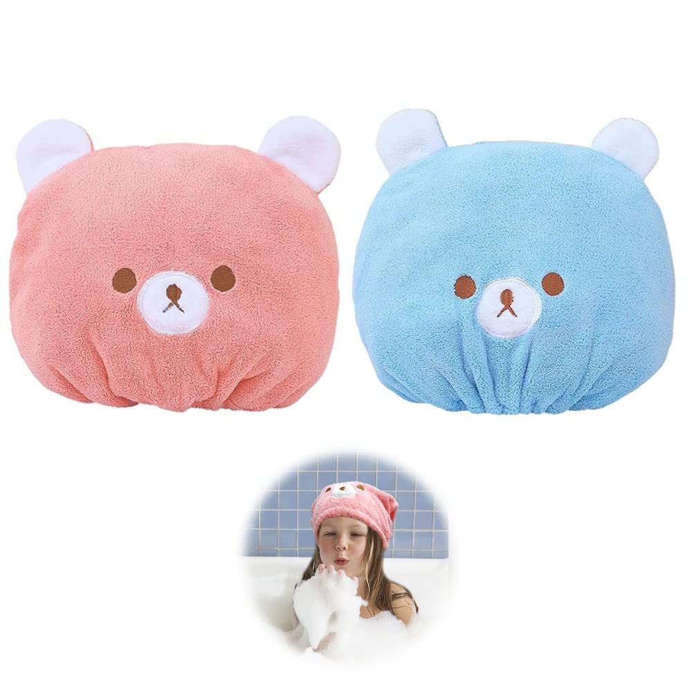 JLEivvi 2PCS Hair Towel Wrap Cute Bear Dry Hair Caps Hair Drying Wrap Towel Bath Head Wrap Drying Turban Cap for Women, Girls, C