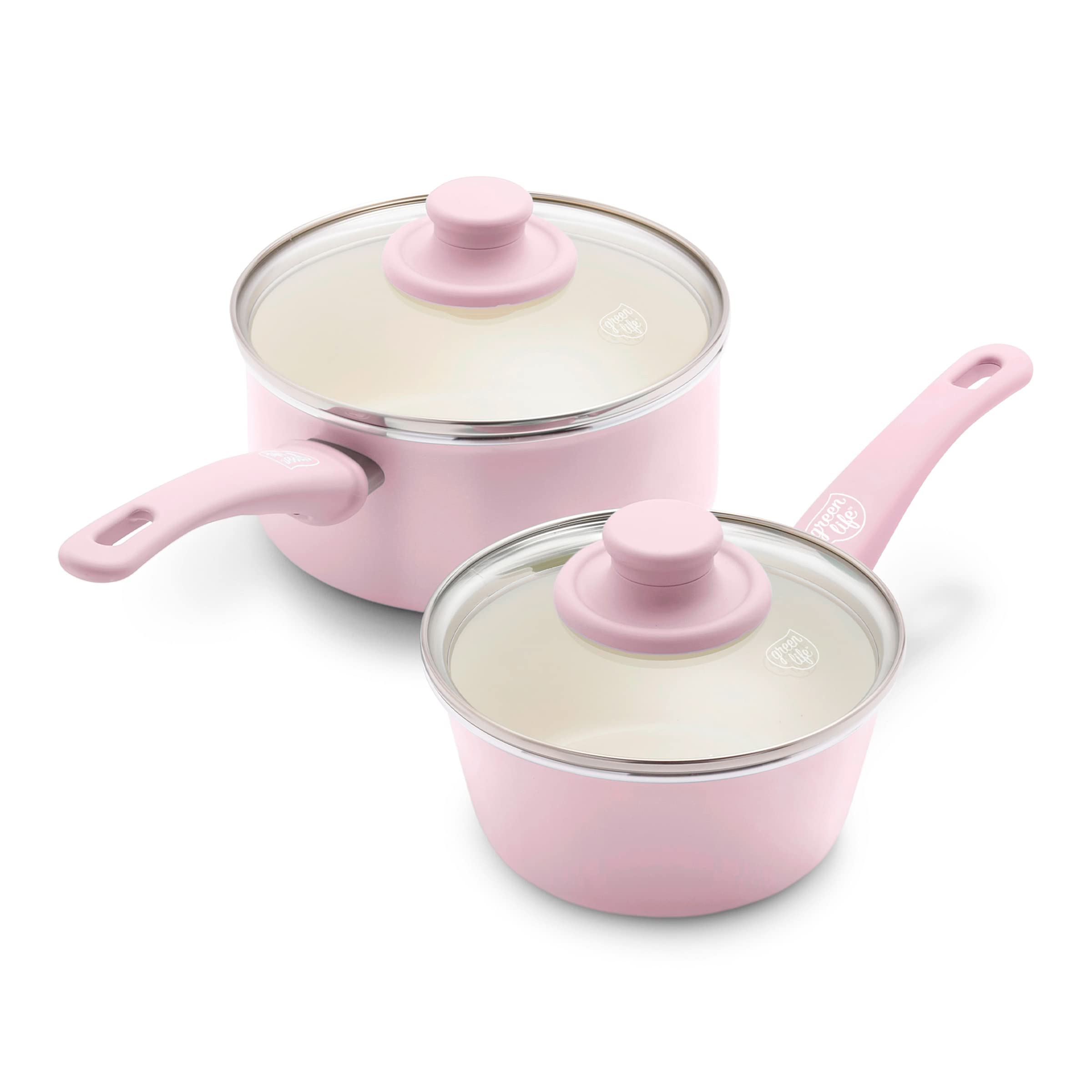 Greenlife Soft Grip Healthy Ceramic Nonstick, 1Qt And 2Qt Saucepan Pot Set With Lids, Pfas-Free, Dishwasher Safe, Soft Pink