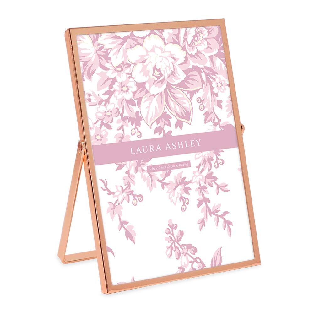 Laura Ashley 5x7 Rose Gold Flat Metal Picture Frame (Vertical) with Pull-Out Easel Stand, Made for Tabletop, Counterspace, Shelf