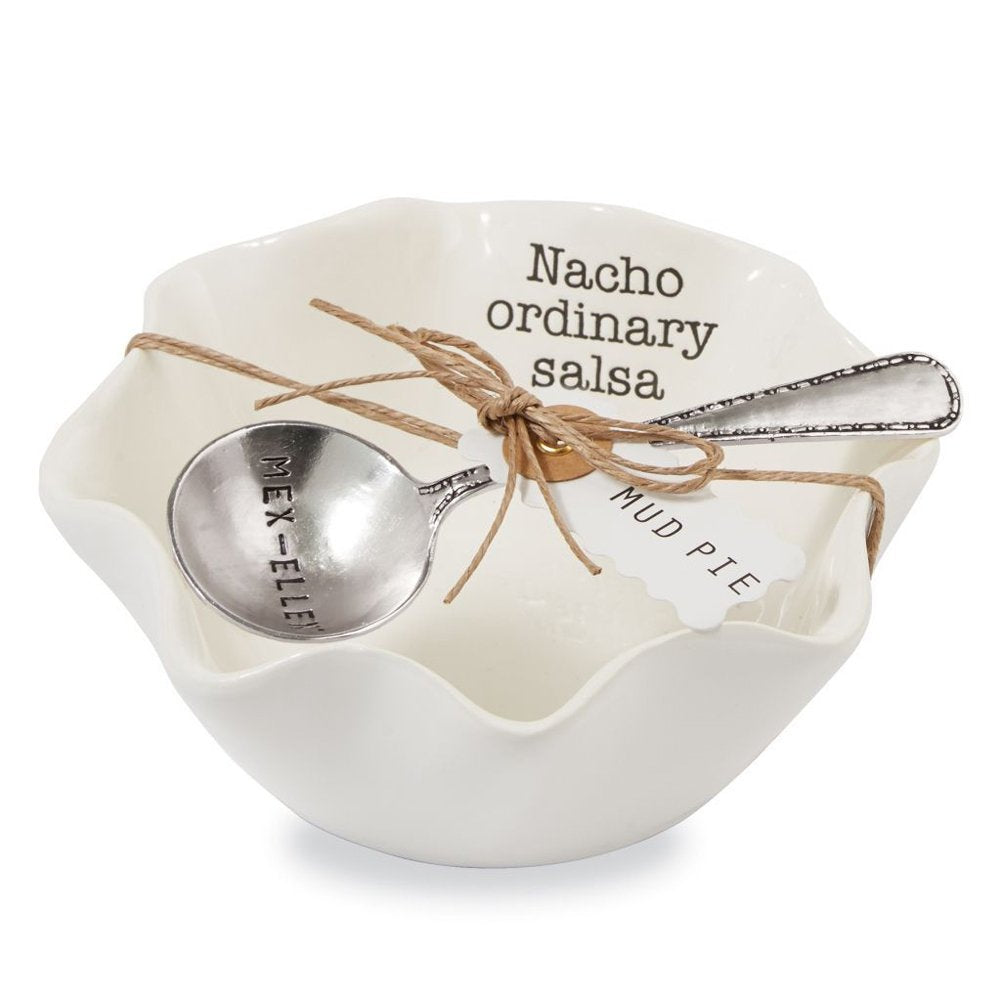 Mud Pie Salsa Ceramic Dip Cup Set, Nacho, White & Silver