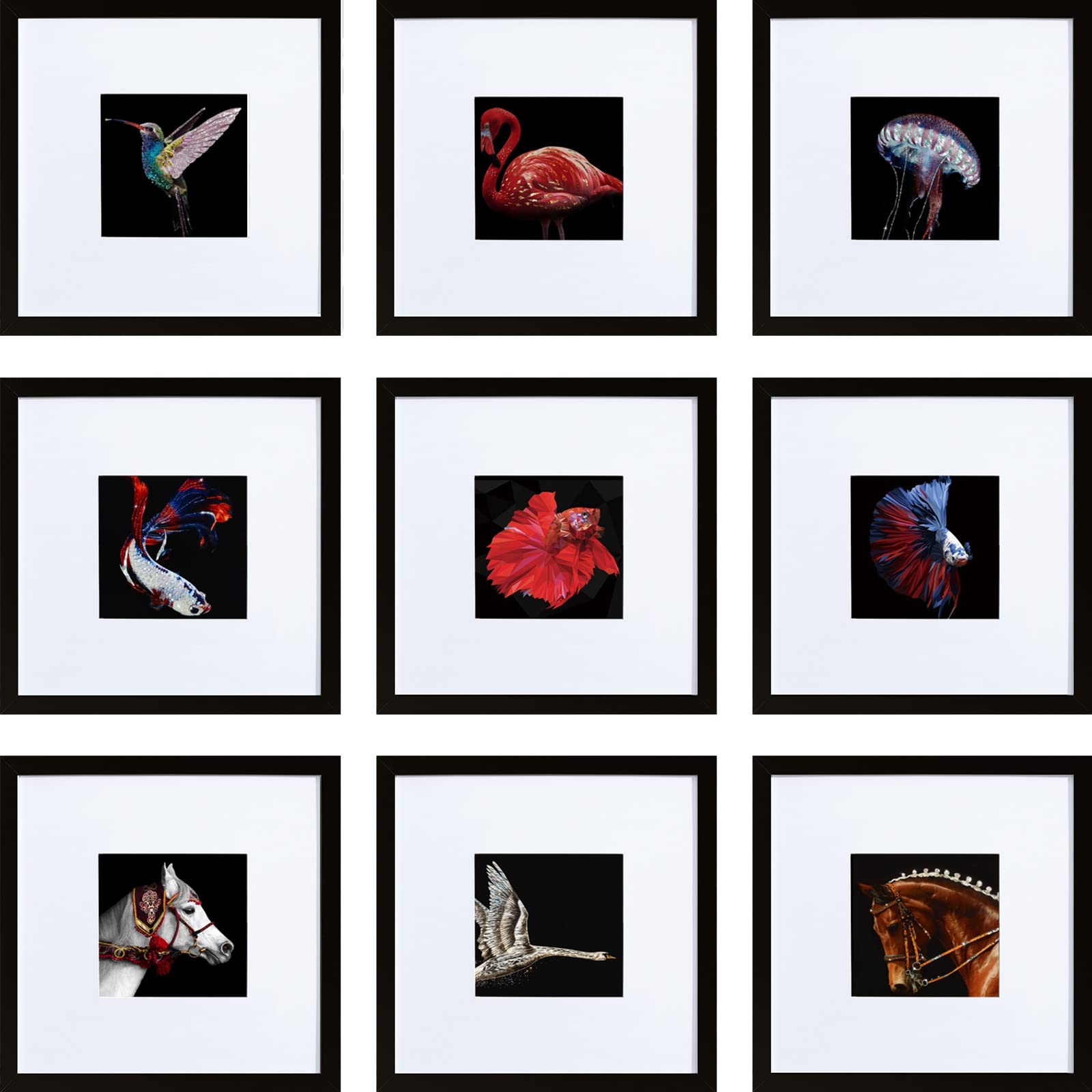 HEART ART 10x10 Gold Picture Frame Set of 9, Display Pictures 6x6 with Mat or 10 x 10 without Mat, Multi Collage Gallery Square 