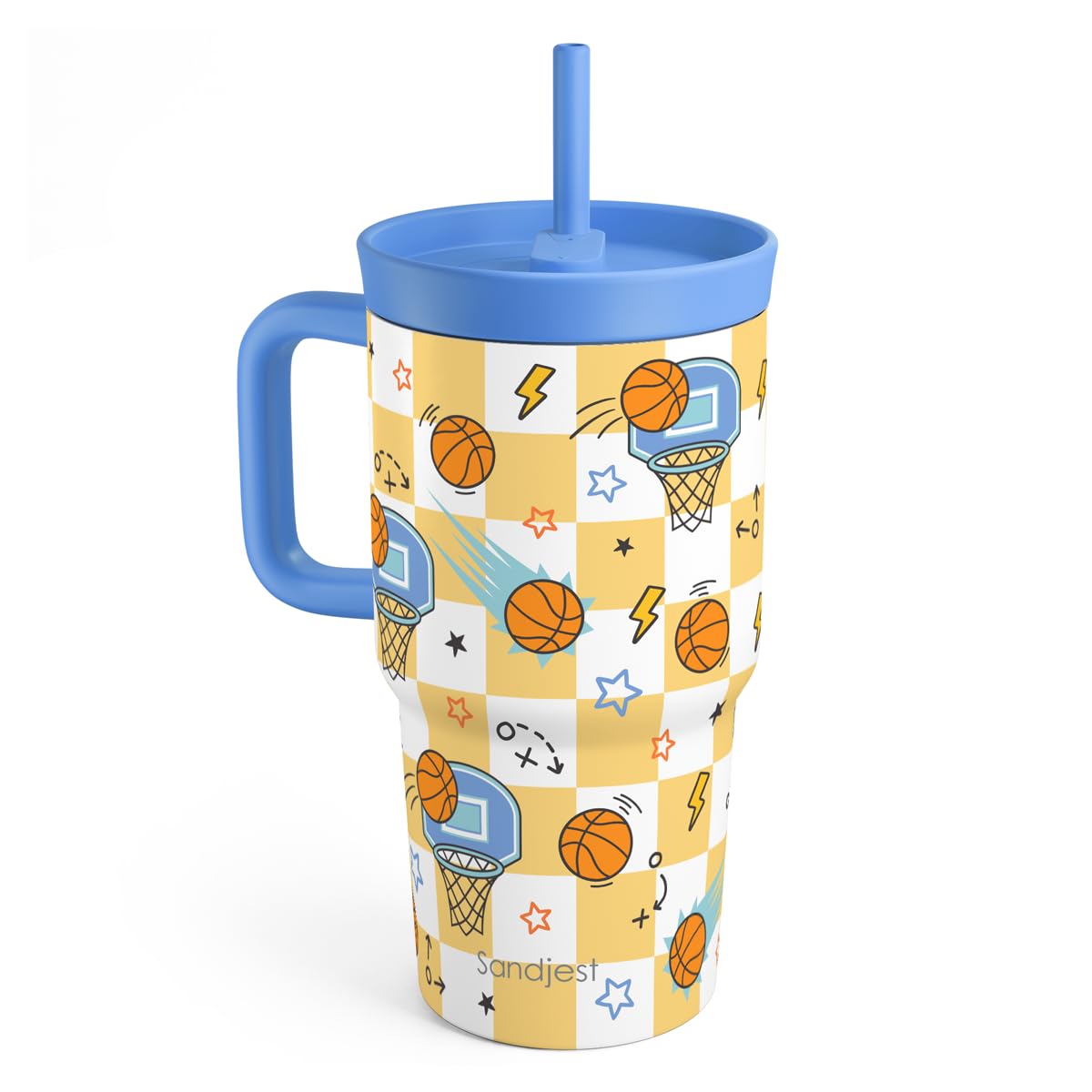 SANDJEST Basketball Stainless Steel Tumbler 20oz with Handle and Silicone Straw Locking Lid for Kids Boys Girls, Birthday Christ